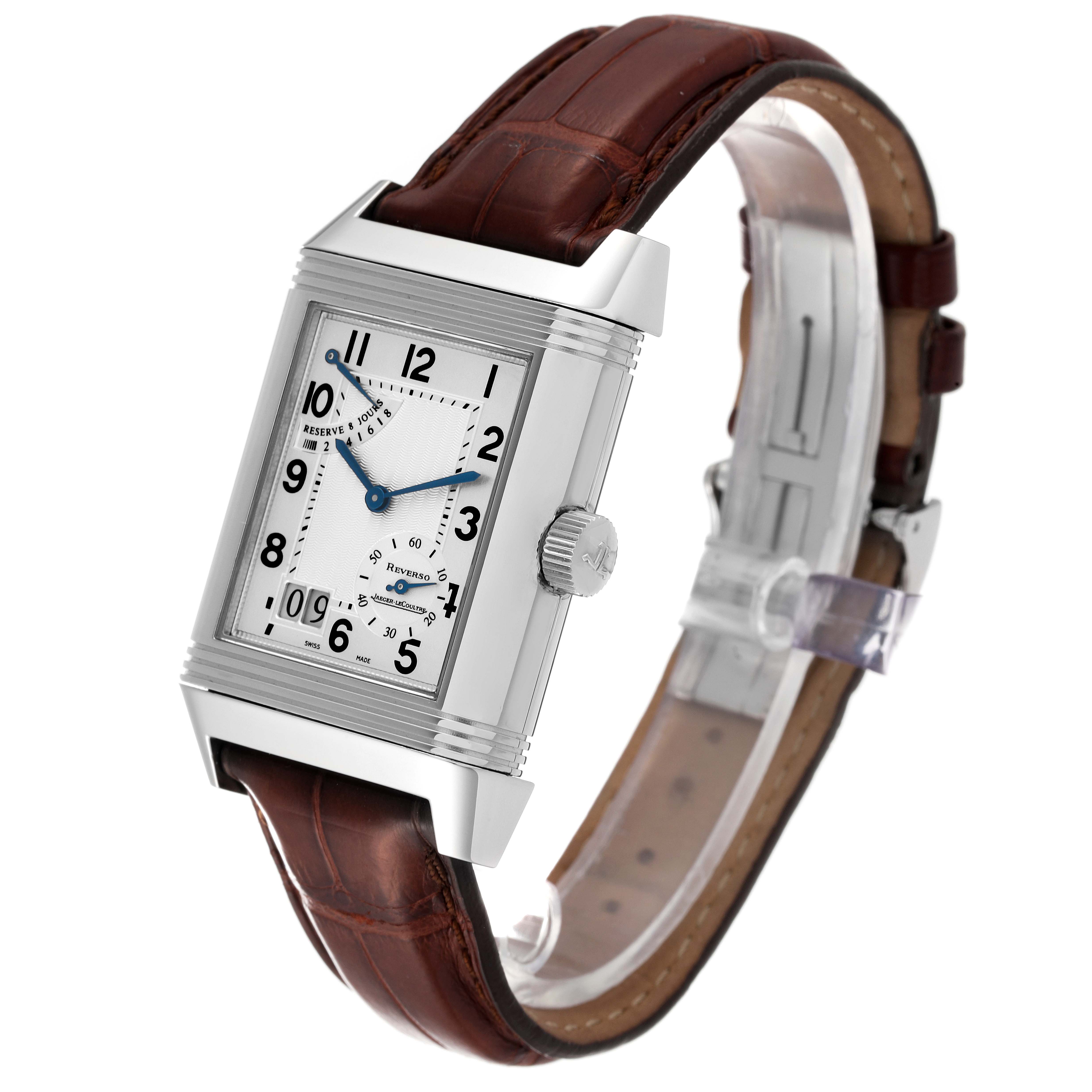 This image shows a Jaeger-LeCoultre Reverso watch with a brown leather strap angled slightly to display the face and side.