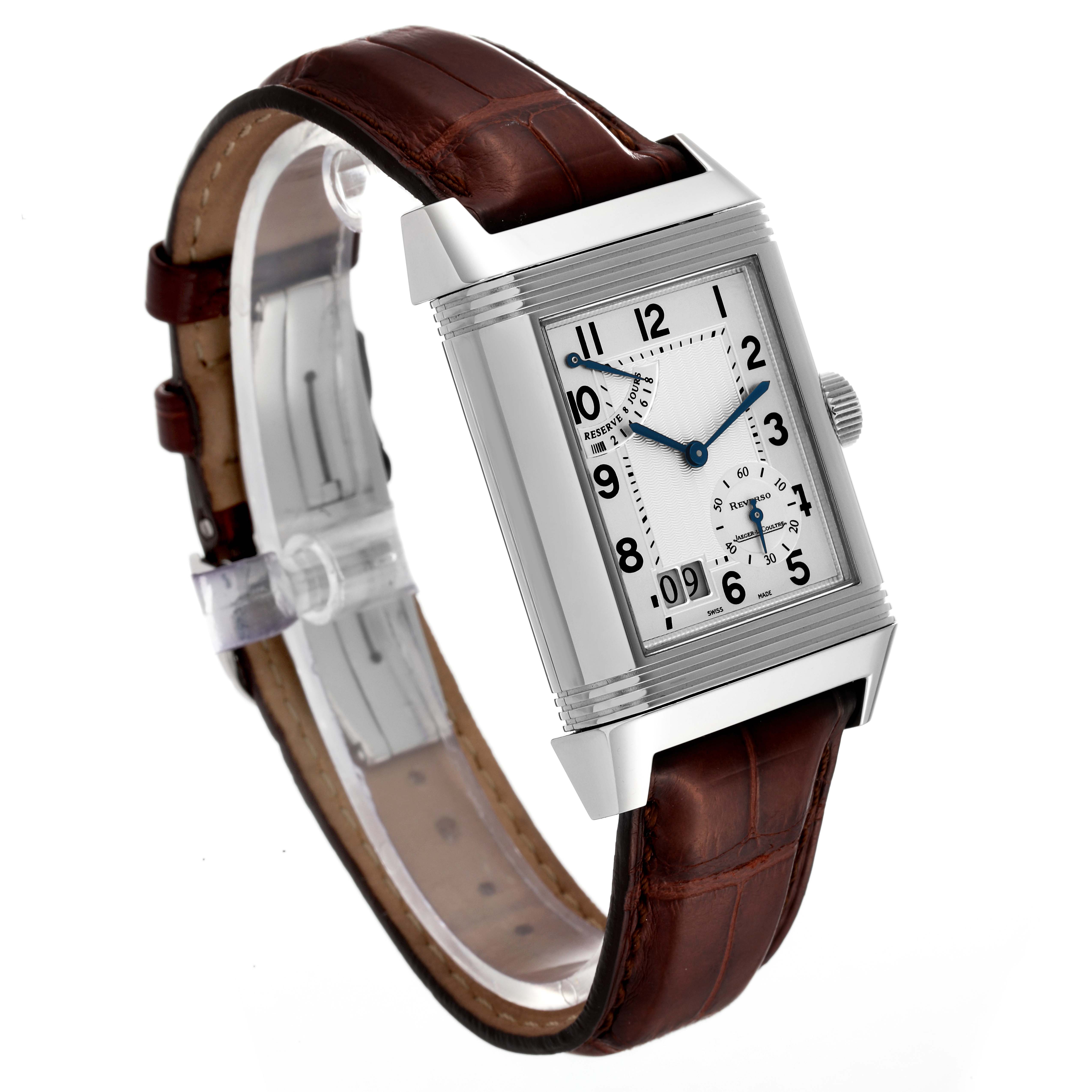 This image shows a Jaeger LeCoultre Reverso Q3008420 Men's Stainless Steel Silver Dial Q3008420 Men's Stainless Steel Silver Dial watch viewed at an angle displaying the dial, case, and leather strap.