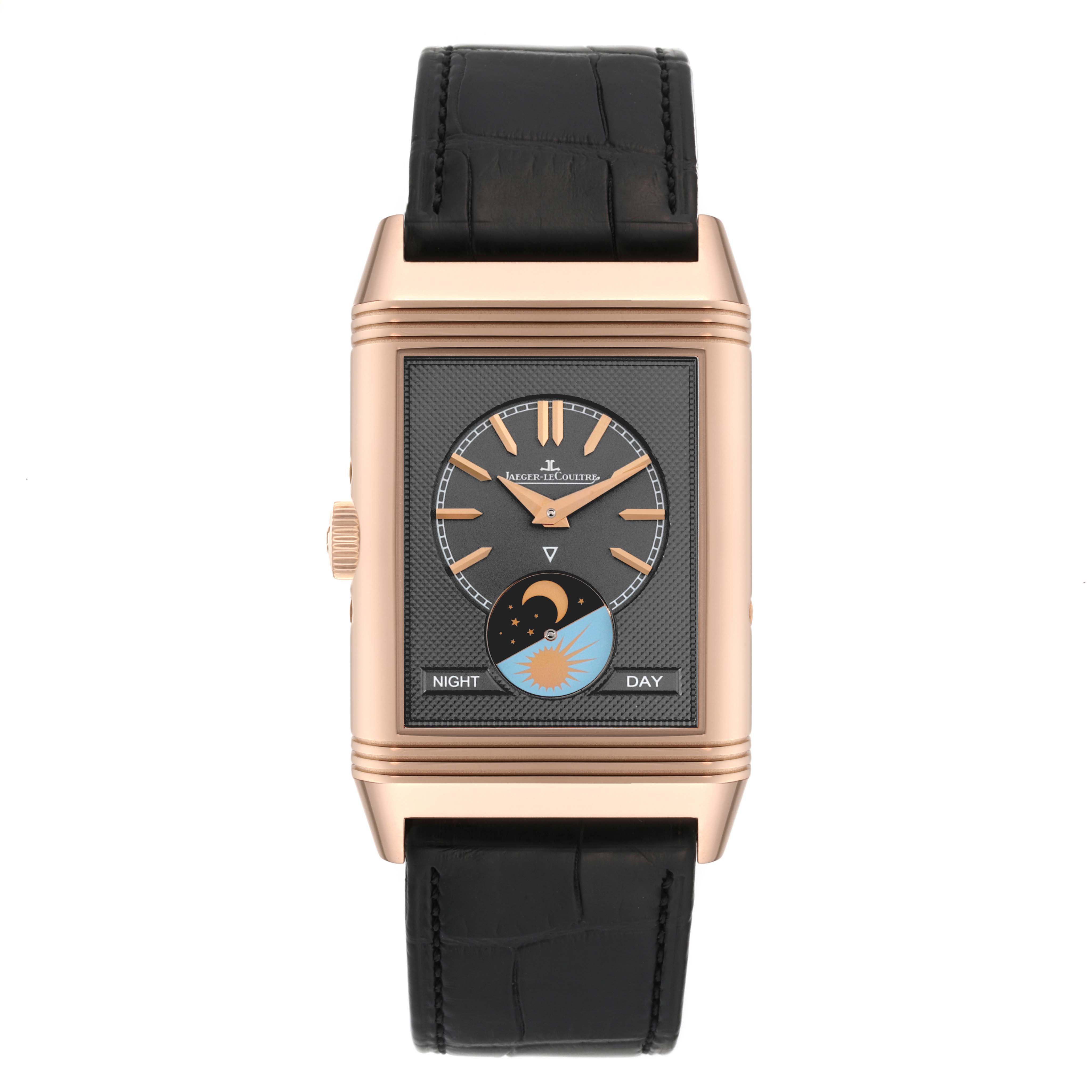 The image shows a front view of the Jaeger LeCoultre Reverso Q3912420 Men's Steel and Gold (two tone) Silver Dial Q3912420 Men's Steel and Gold (two tone) Silver Dial watch, featuring the face, strap, and side crown.