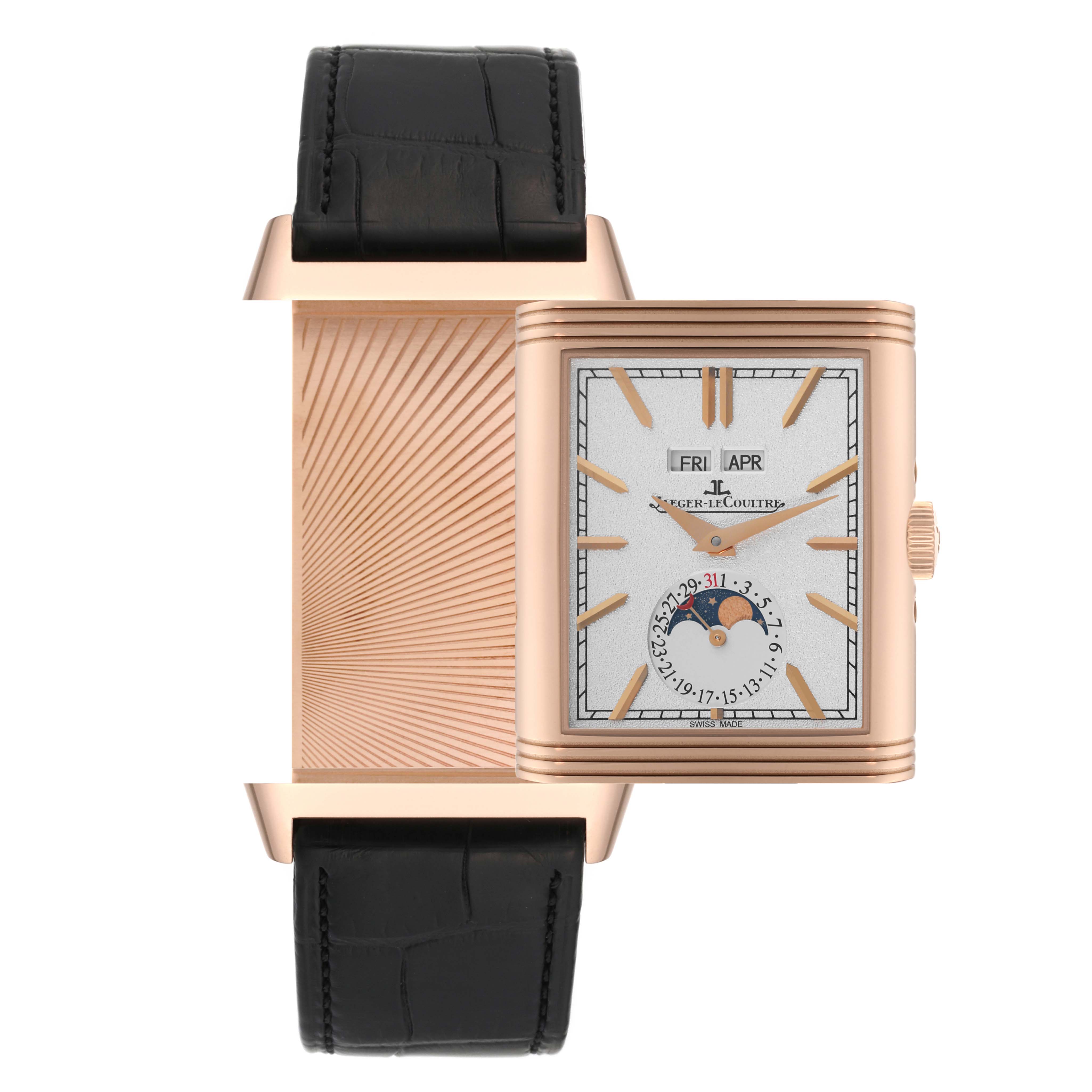 The image shows a front view of the Jaeger LeCoultre Reverso Q3912420 Men's Steel and Gold (two tone) Silver Dial Q3912420 Men's Steel and Gold (two tone) Silver Dial watch with its case flipped to reveal the intricate design on the reverse side.