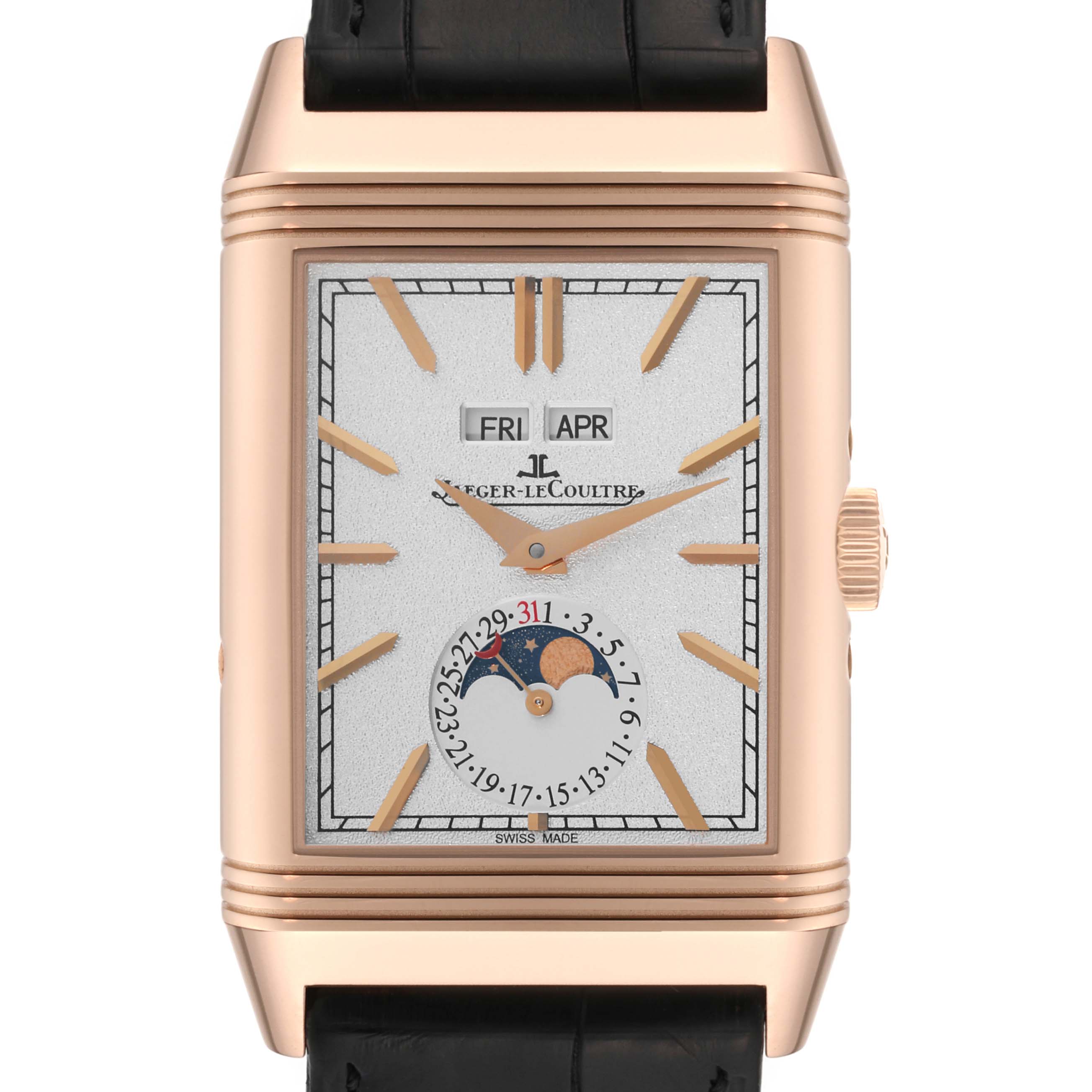 This Jaeger LeCoultre Reverso Q3912420 Men's Steel and Gold (two tone) Silver Dial Q3912420 Men's Steel and Gold (two tone) Silver Dial watch is shown from the front, displaying the face, hands, day, month, and moon phase indicators.