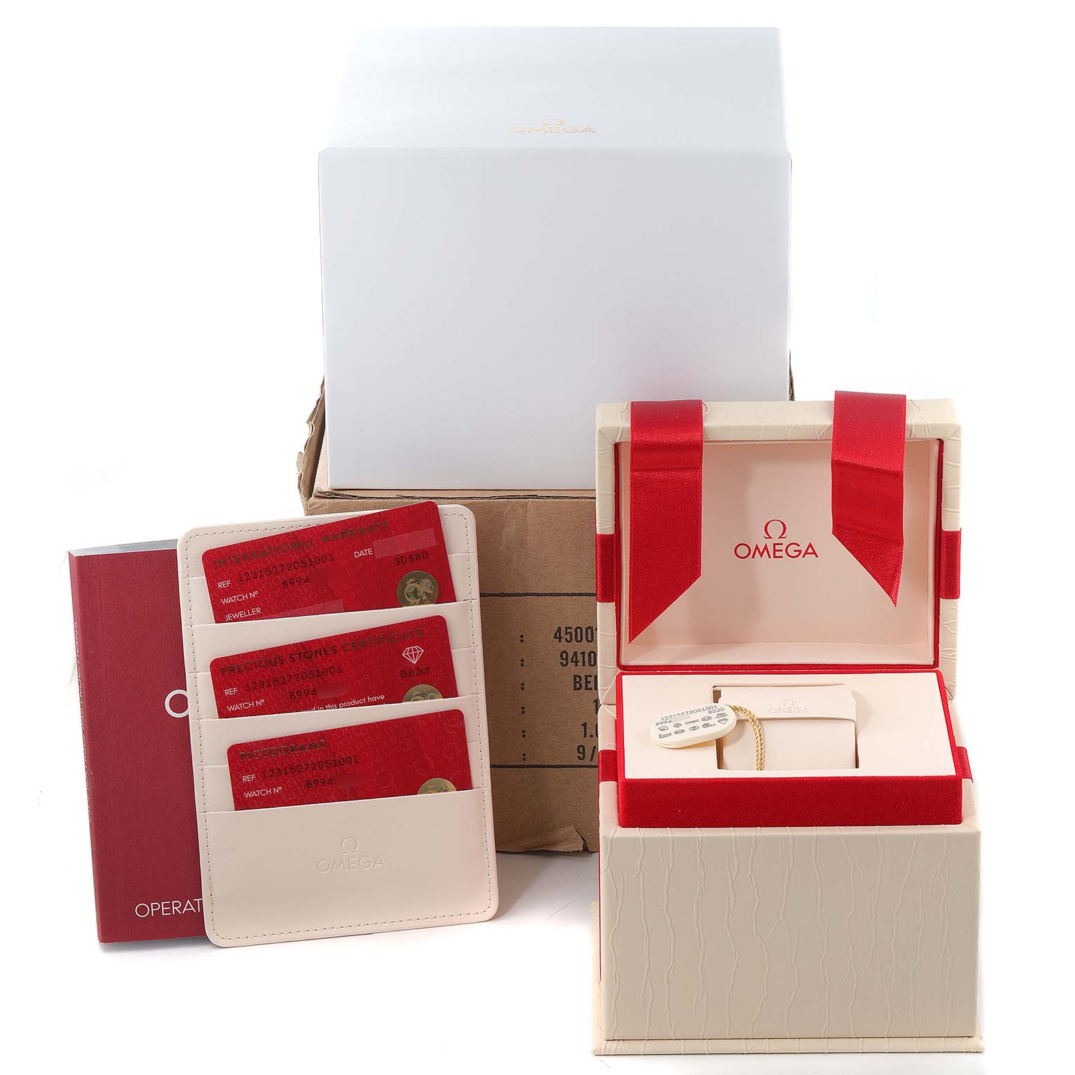 The image shows the packaging, warranty cards, and box for the Omega 123.15.27.20.51.001 Women
s Stainless Steel Black Dial 123.15.27.20.51.001 Women
s Stainless Steel Black Dial Constellation 27 Black Dial Diamond Watch 123.15.27.20.51.001 Unworn model.