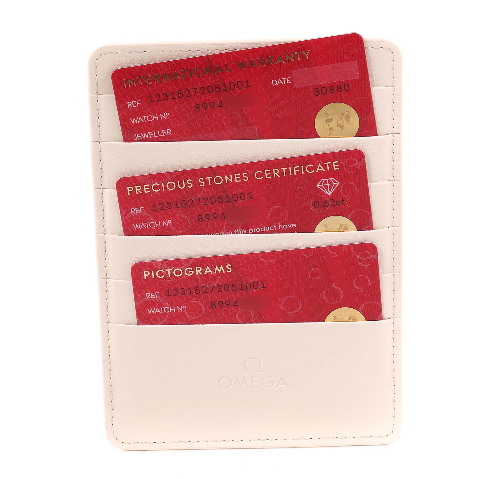 The image shows the warranty, precious stones certificate, and pictograms cards for the Omega 123.15.27.20.51.001 Women
s Stainless Steel Black Dial 123.15.27.20.51.001 Women
s Stainless Steel Black Dial Constellation 27 Black Dial Diamond Watch.