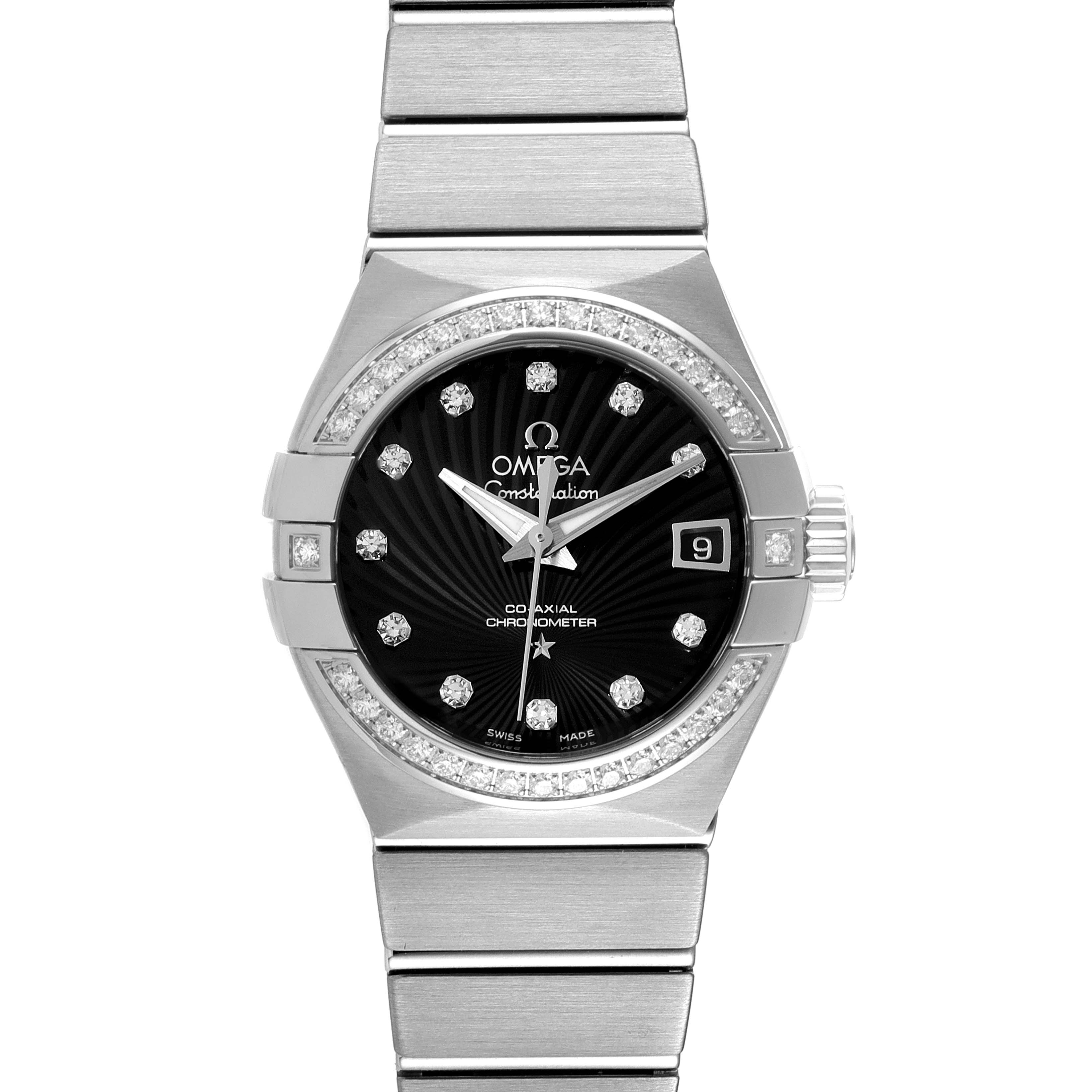 This image shows a front view of the Omega 123.15.27.20.51.001 Women
s Stainless Steel Black Dial 123.15.27.20.51.001 Women
s Stainless Steel Black Dial Constellation 27 Black Dial Diamond Watch 123.15.27.20.51.001.