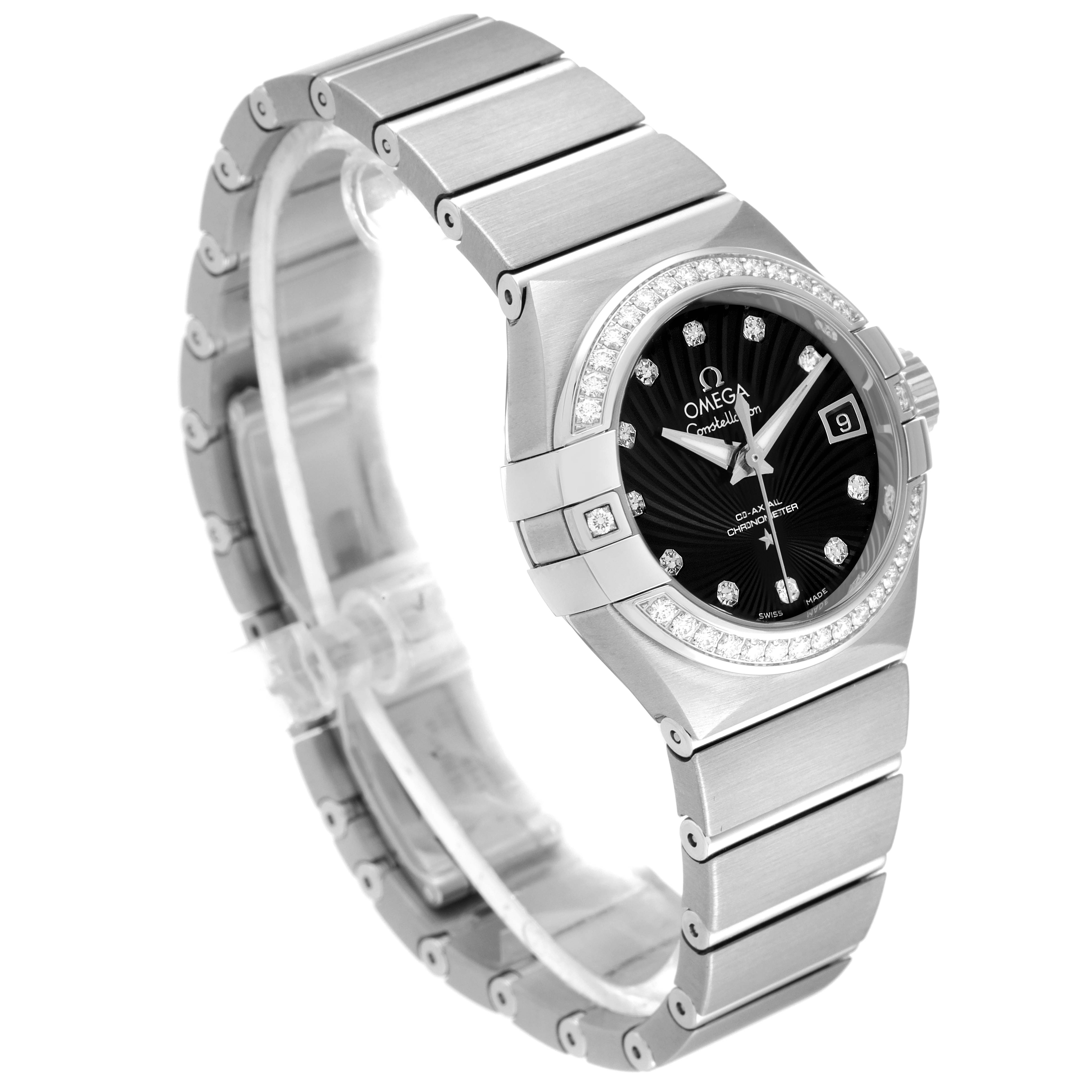 The image shows a side angle view of the Omega 123.15.27.20.51.001 Women
s Stainless Steel Black Dial 123.15.27.20.51.001 Women
s Stainless Steel Black Dial Constellation 27 Black Dial Diamond Watch 123.15.27.20.51.001, highlighting the dial, bezel, case, and bracelet.