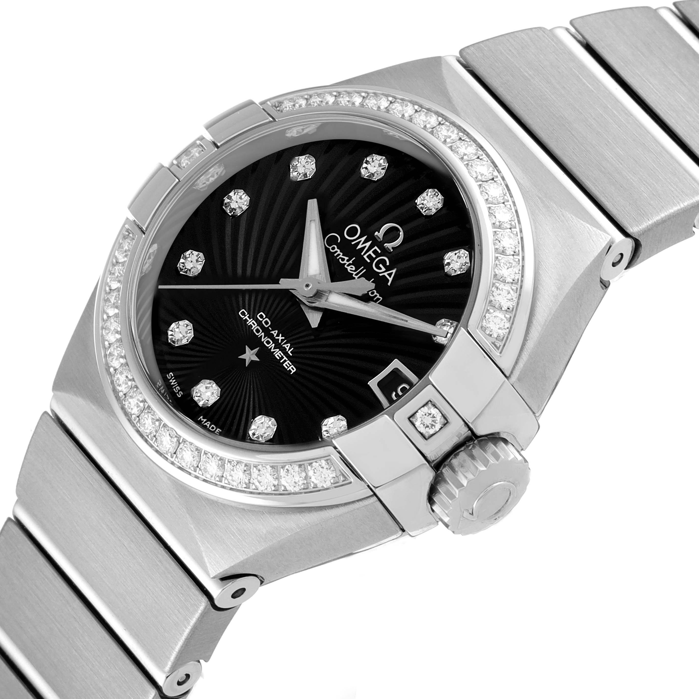 This image shows an angled close-up of the Omega 123.15.27.20.51.001 Women
s Stainless Steel Black Dial 123.15.27.20.51.001 Women
s Stainless Steel Black Dial Constellation 27 Black Dial Diamond Watch 123.15.27.20.51.001, focusing on the face and part of the bracelet.