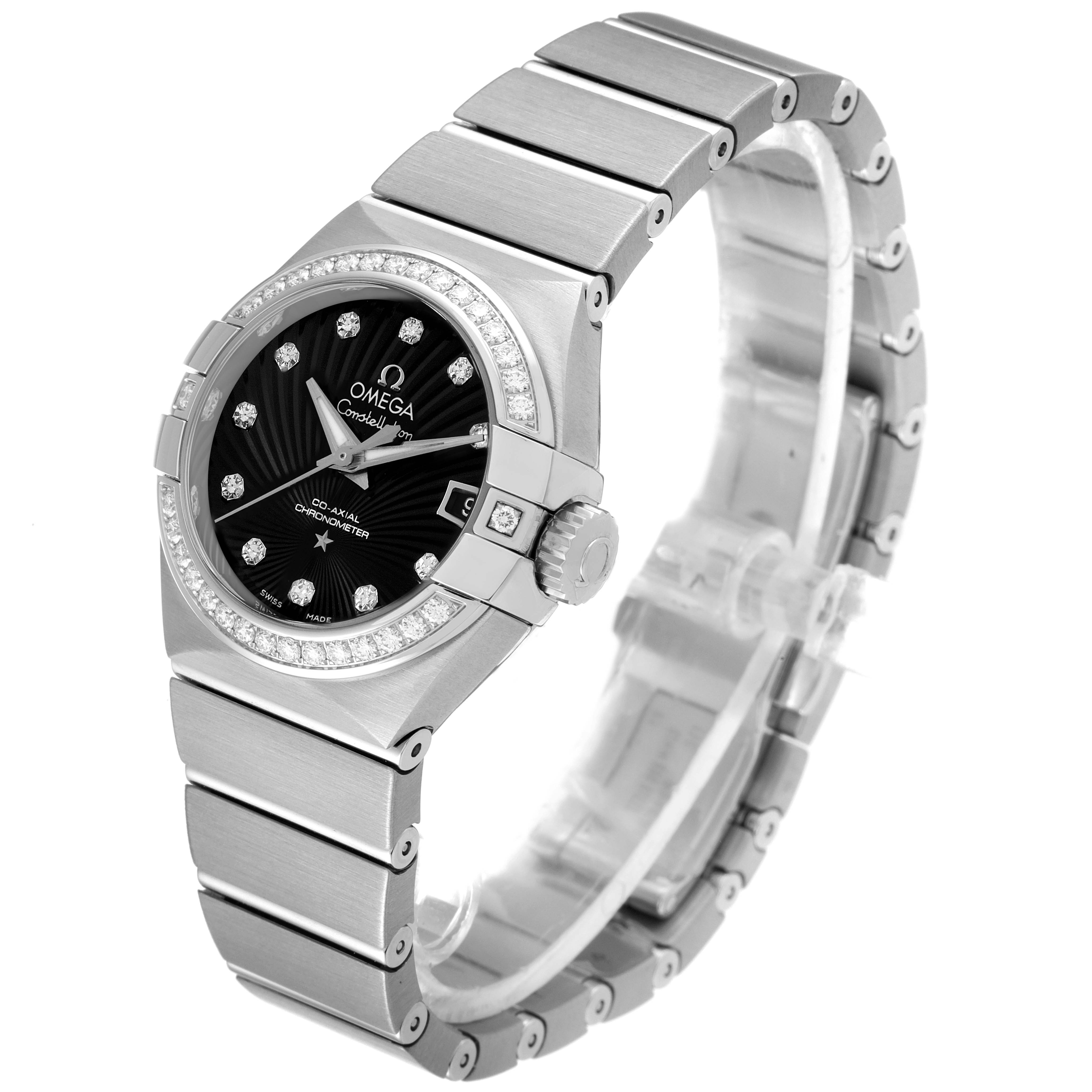 The image shows an Omega 123.15.27.20.51.001 Women
s Stainless Steel Black Dial 123.15.27.20.51.001 Women
s Stainless Steel Black Dial Constellation 27 Black Dial Diamond Watch 123.15.27.20.51.001 at a three-quarter angle, highlighting the dial, bezel, and bracelet.