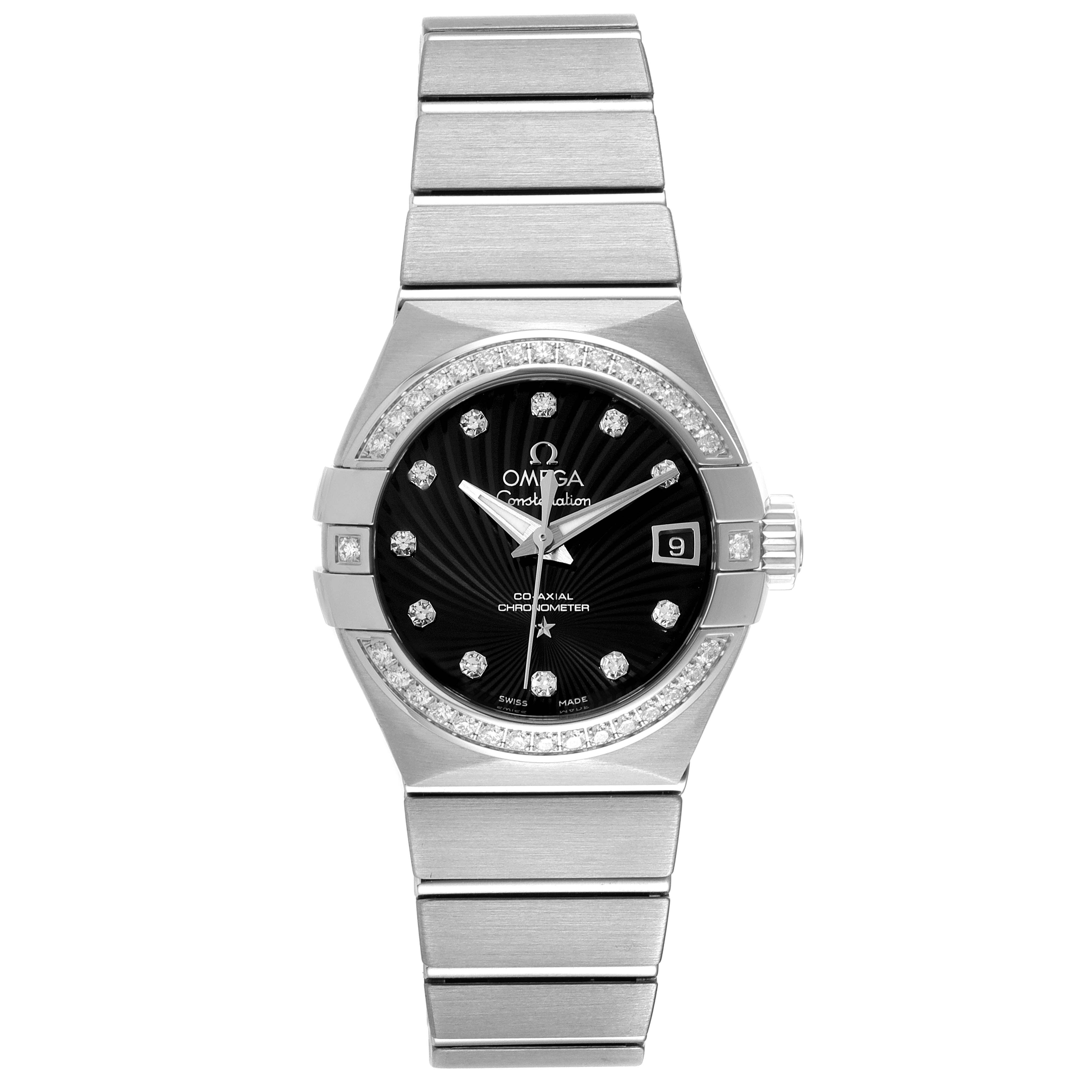 The image shows a front view of the Omega 123.15.27.20.51.001 Women
s Stainless Steel Black Dial 123.15.27.20.51.001 Women
s Stainless Steel Black Dial Constellation 27 Black Dial Diamond Watch 123.15.27.20.51.001, highlighting the dial, bezel, and bracelet.