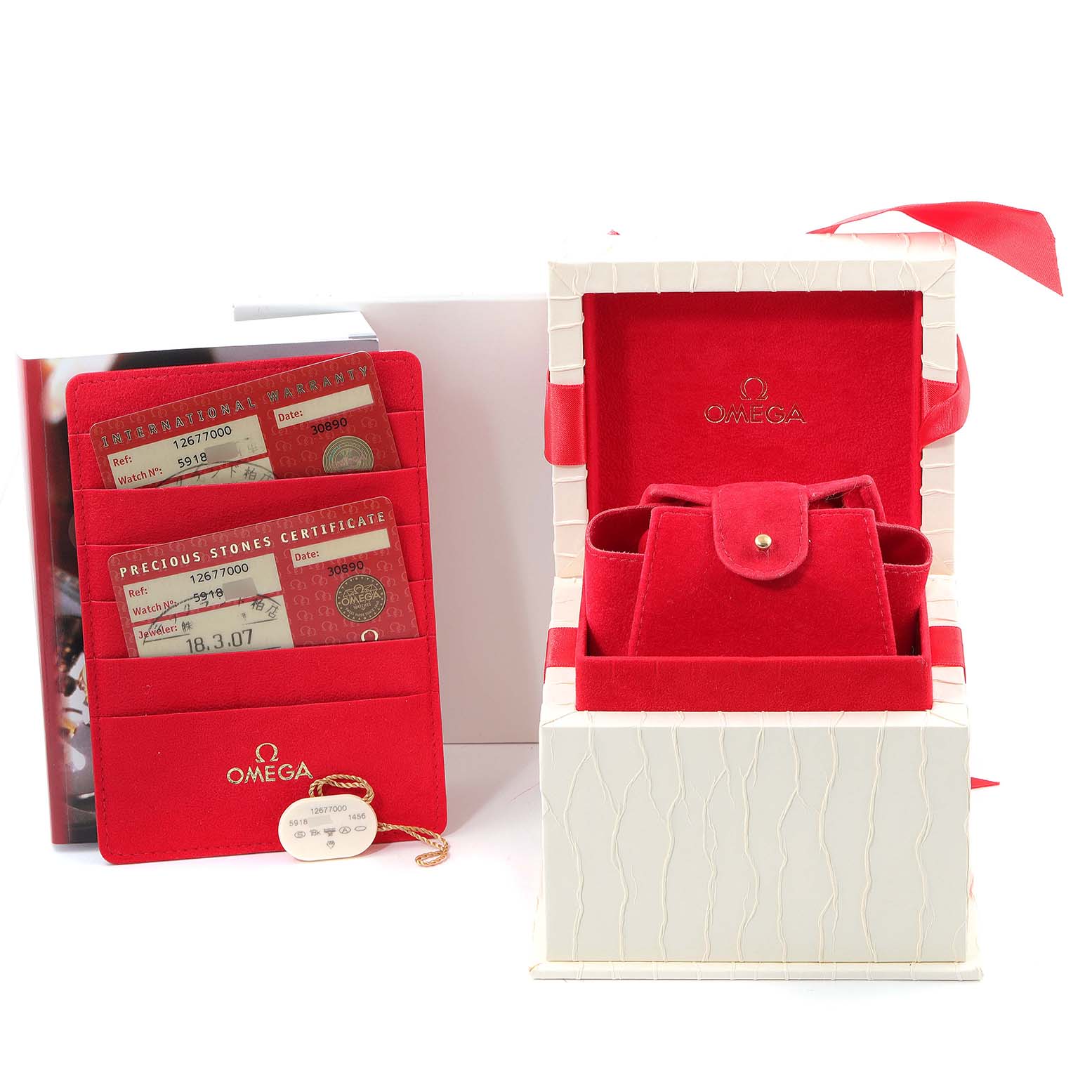 The image shows the box and cards for the Omega 1267.70.00 Women
s Steel and Gold (two tone) Mother of Pearl Dial 1267.70.00 Women
s Steel and Gold (two tone) Mother of Pearl Dial Constellation Steel Yellow Gold MOP Diamond Watch 1267.70.00.