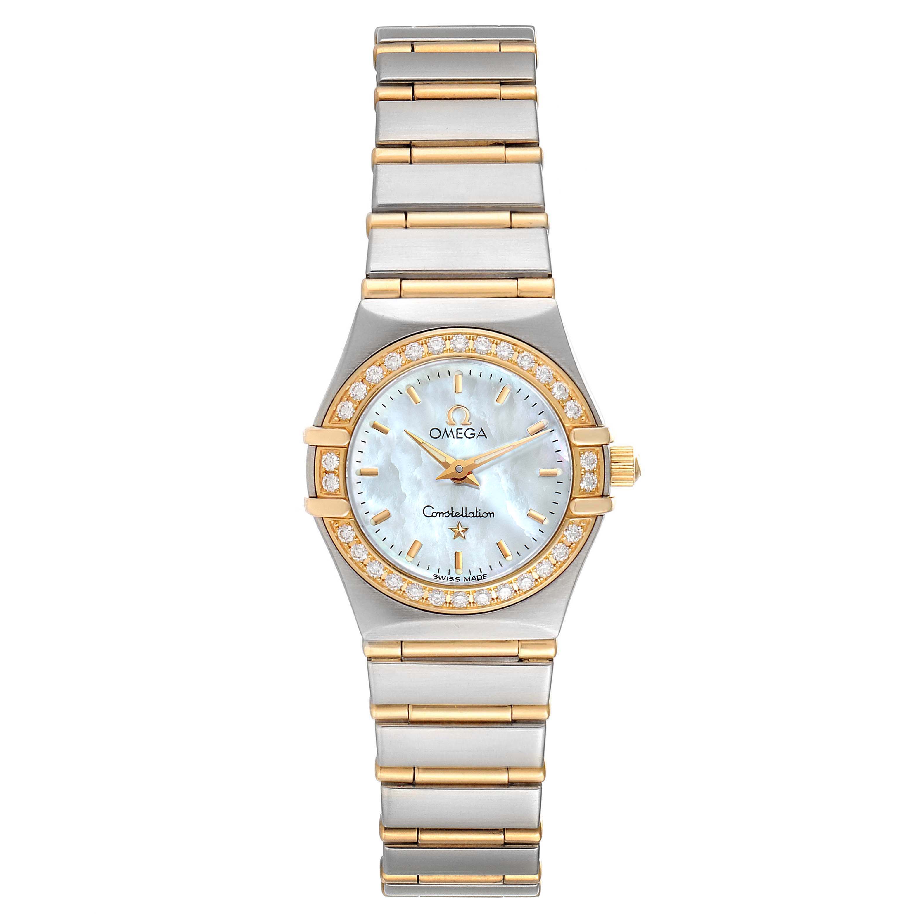 The image shows a front view of the Omega 1267.70.00 Women
s Steel and Gold (two tone) Mother of Pearl Dial 1267.70.00 Women
s Steel and Gold (two tone) Mother of Pearl Dial Constellation Steel Yellow Gold MOP Diamond Watch 1267.70.00 model, displaying the face and bracelet.