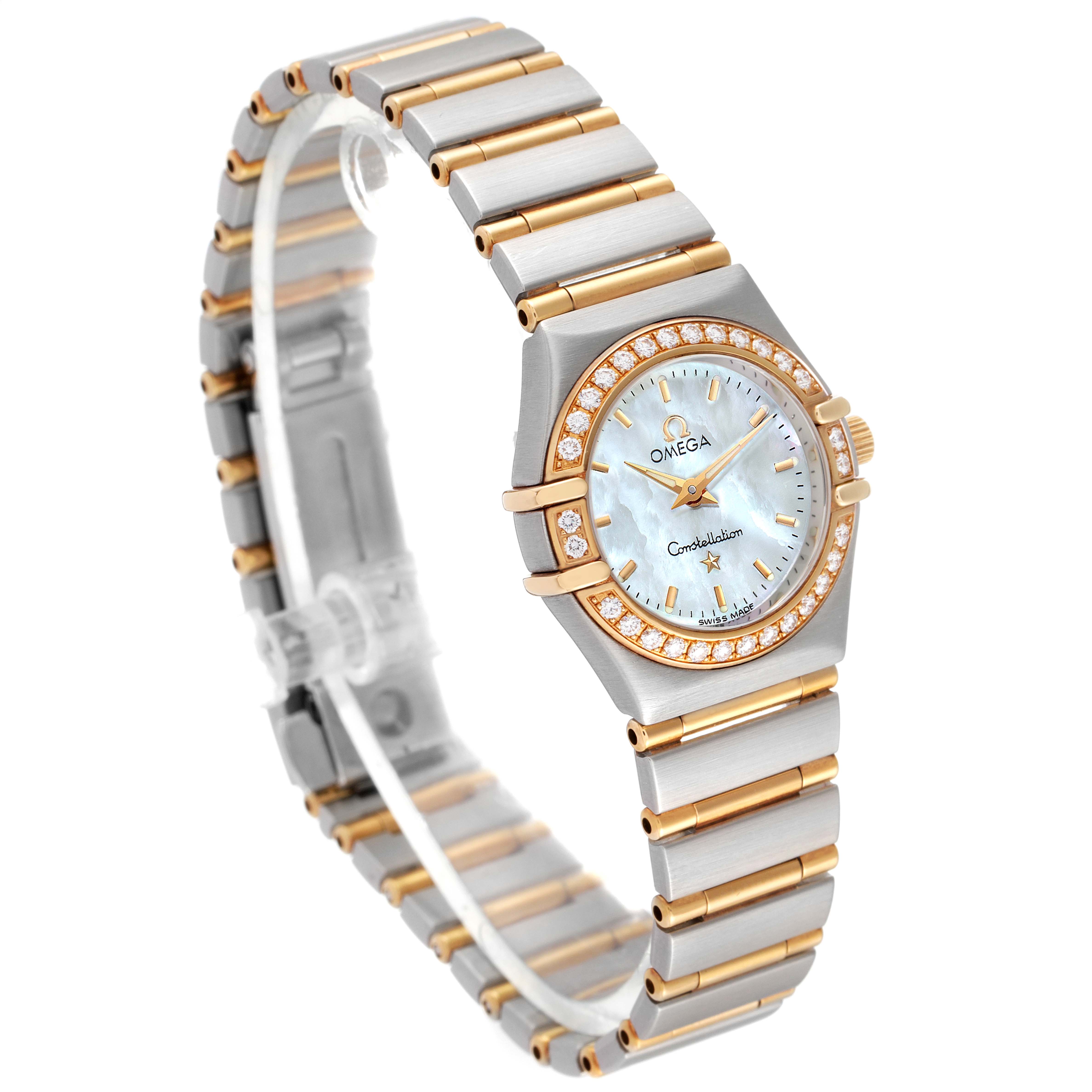 The image shows the Omega 1267.70.00 Women
s Steel and Gold (two tone) Mother of Pearl Dial 1267.70.00 Women
s Steel and Gold (two tone) Mother of Pearl Dial Constellation Steel Yellow Gold MOP Diamond Watch 1267.70.00 from a three-quarter angle emphasizing the face and bracelet.