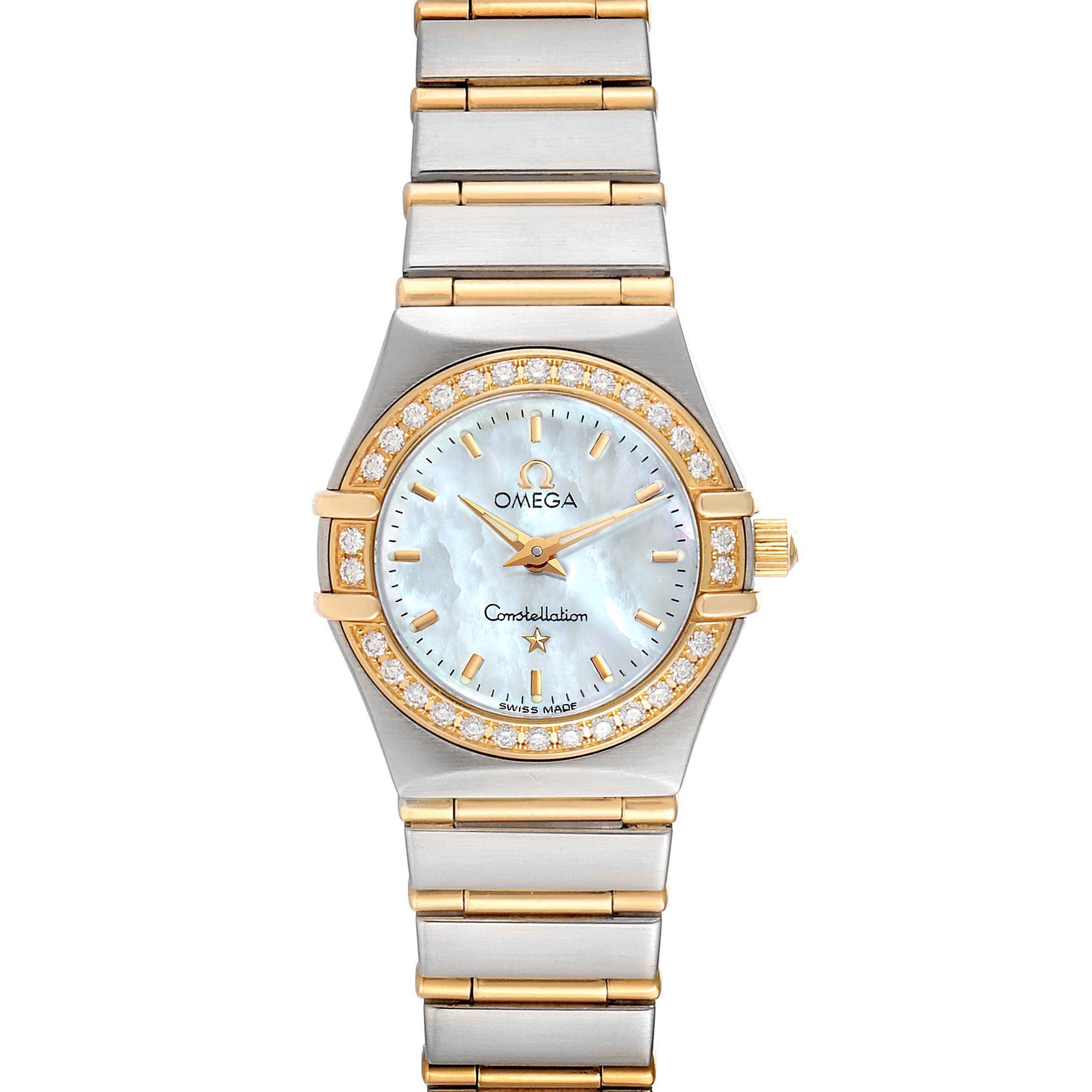 The image shows a front view of the Omega 1267.70.00 Women
s Steel and Gold (two tone) Mother of Pearl Dial 1267.70.00 Women
s Steel and Gold (two tone) Mother of Pearl Dial Constellation Steel Yellow Gold MOP Diamond Watch 1267.70.00, highlighting its dial, bezel, and bracelet.