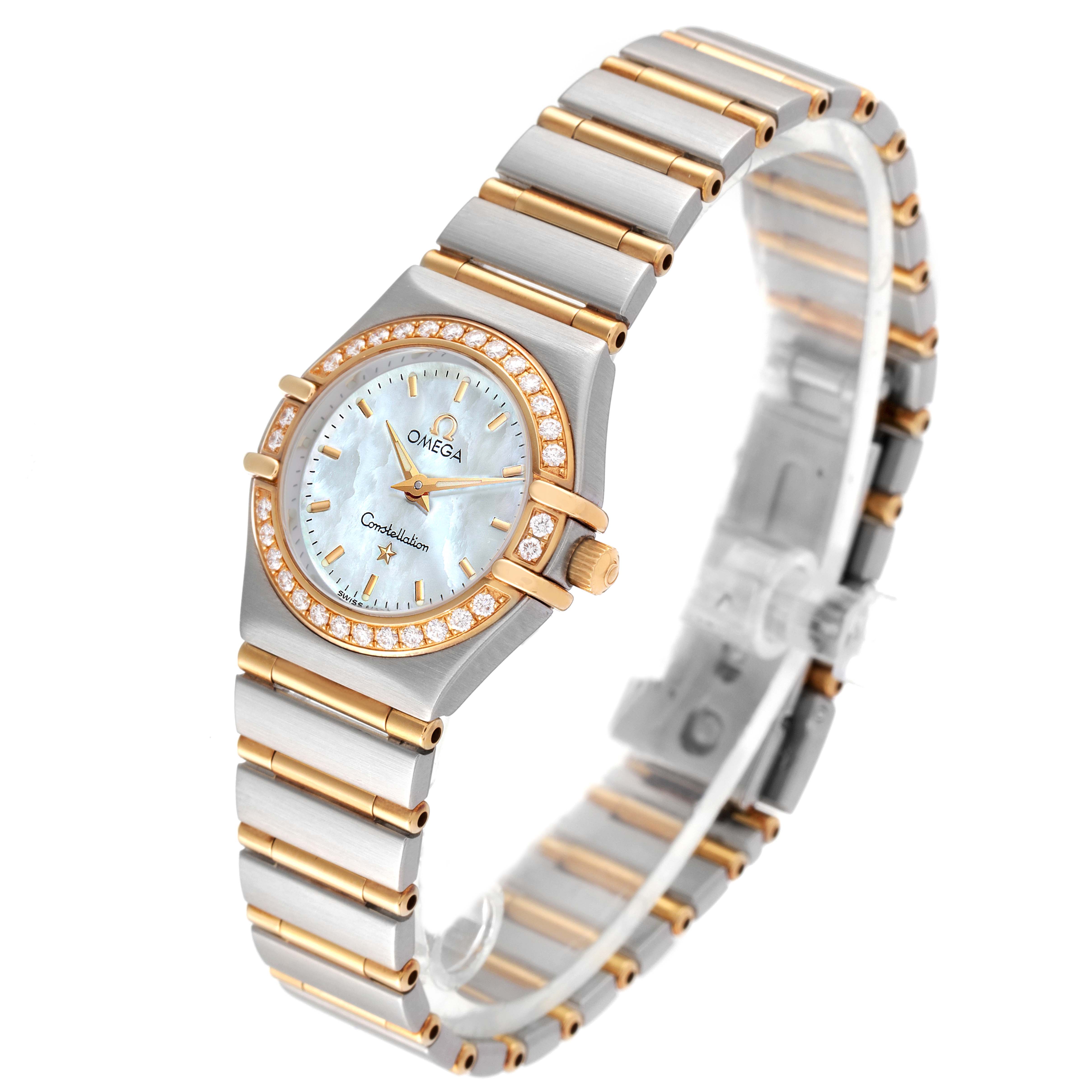The Omega 1267.70.00 Women
s Steel and Gold (two tone) Mother of Pearl Dial 1267.70.00 Women
s Steel and Gold (two tone) Mother of Pearl Dial Constellation Steel Yellow Gold MOP Diamond 1267.70.00 watch is shown from a front-left angle, displaying the watch face and band.