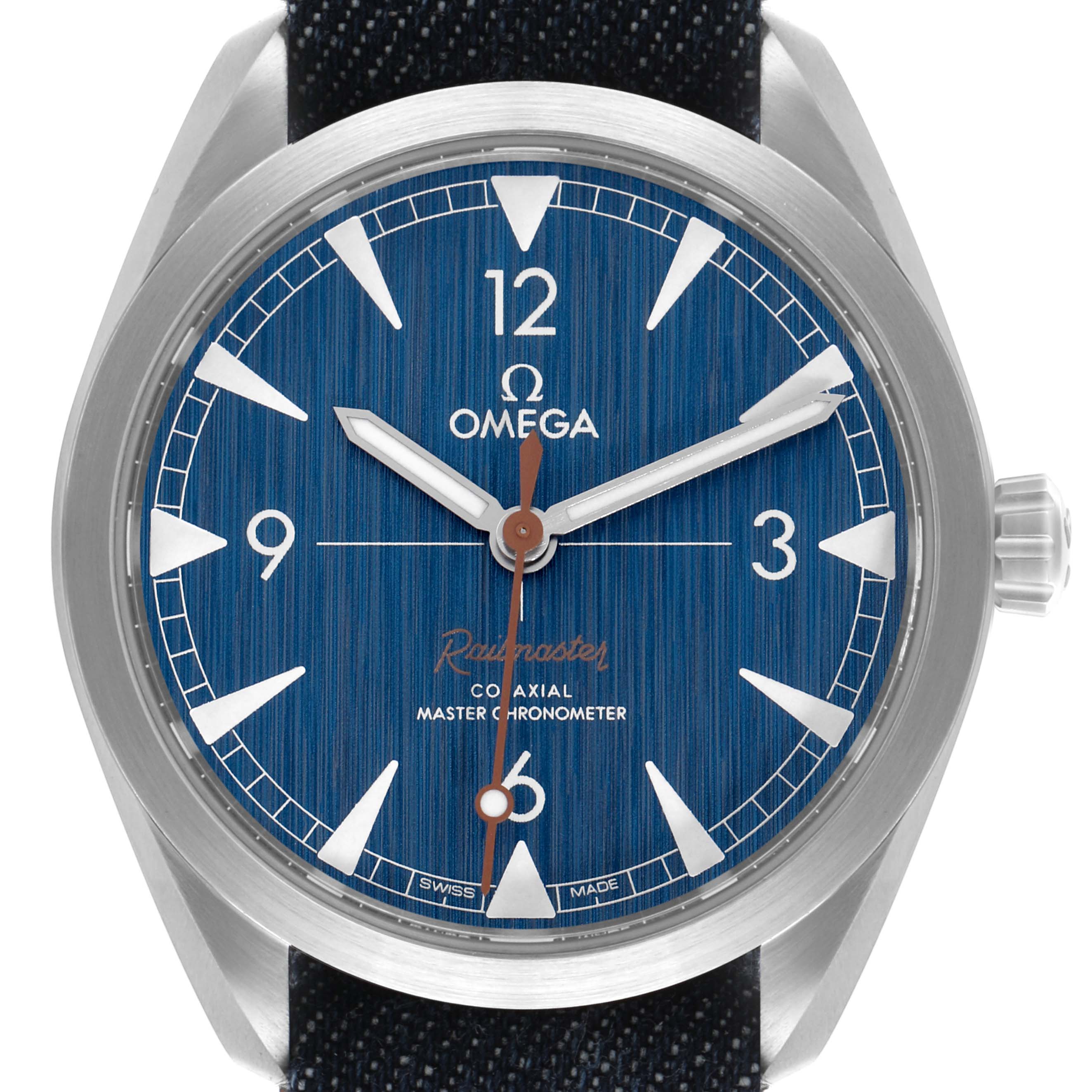 The Omega Aqua Terra 220.12.40.20.01.001 Men's Stainless Steel Blue Dial 220.12.40.20.01.001 Men's Stainless Steel Blue Dial watch is shown from a front angle, highlighting the face, hands, and crown.