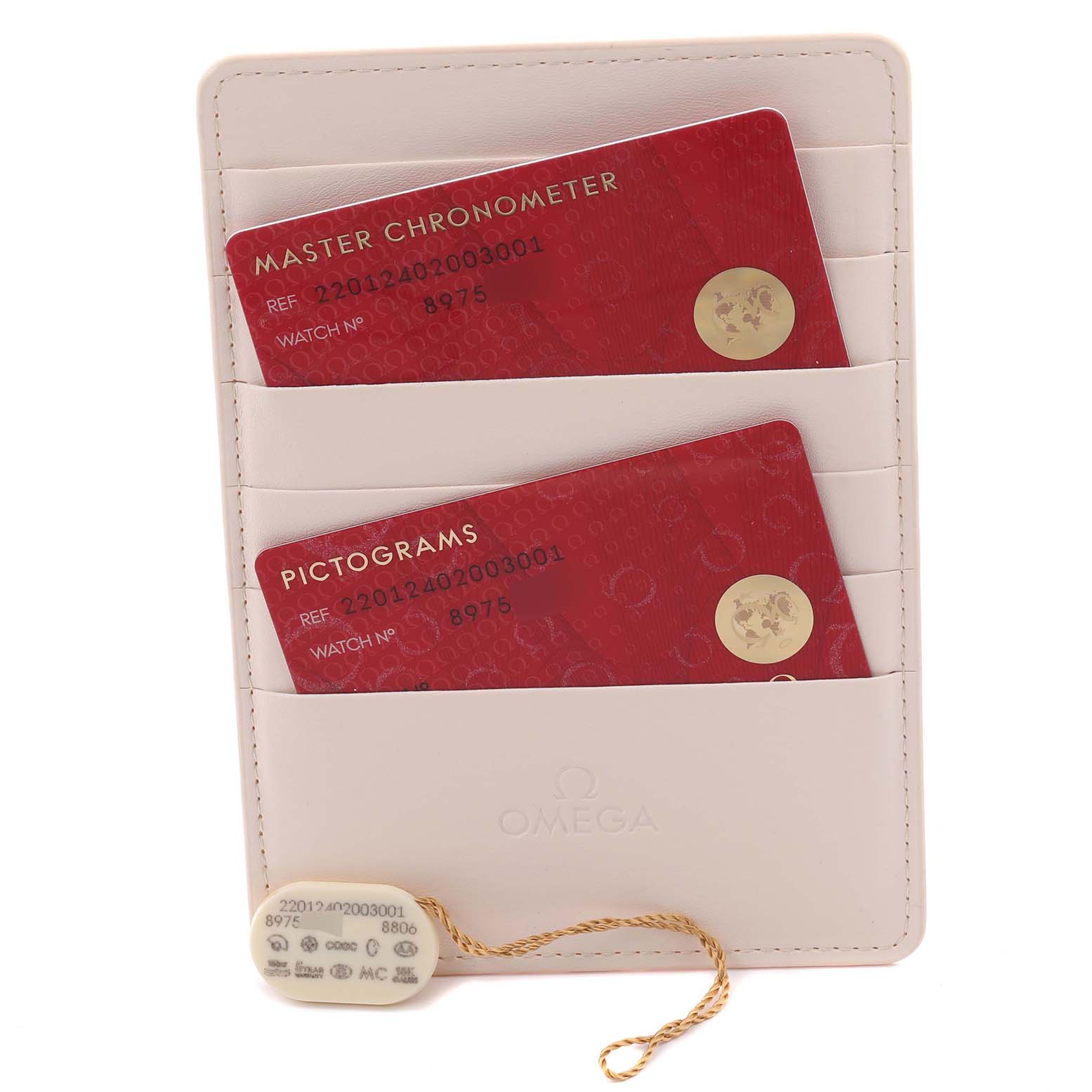 The image shows an Omega Aqua Terra 220.12.40.20.01.001 Men's Stainless Steel Blue Dial 220.12.40.20.01.001 Men's Stainless Steel Blue Dial card holder with red cards labeled "Master Chronometer" and "Pictograms," plus a tag.