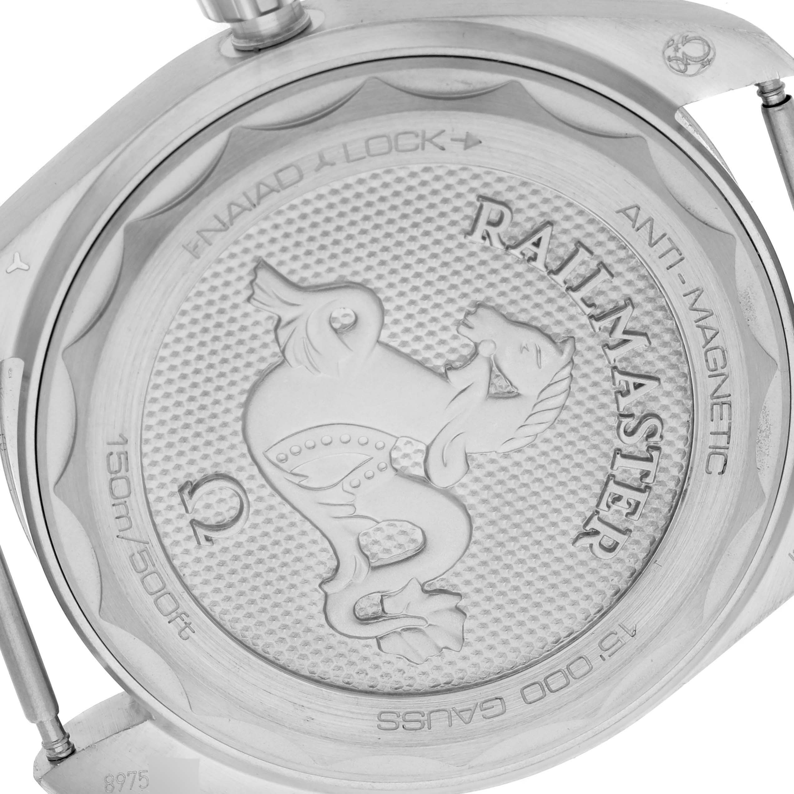 The image shows the back case of the Omega Aqua Terra 220.12.40.20.01.001 Men's Stainless Steel Blue Dial 220.12.40.20.01.001 Men's Stainless Steel Blue Dial watch, featuring engravings and a decorative seahorse.