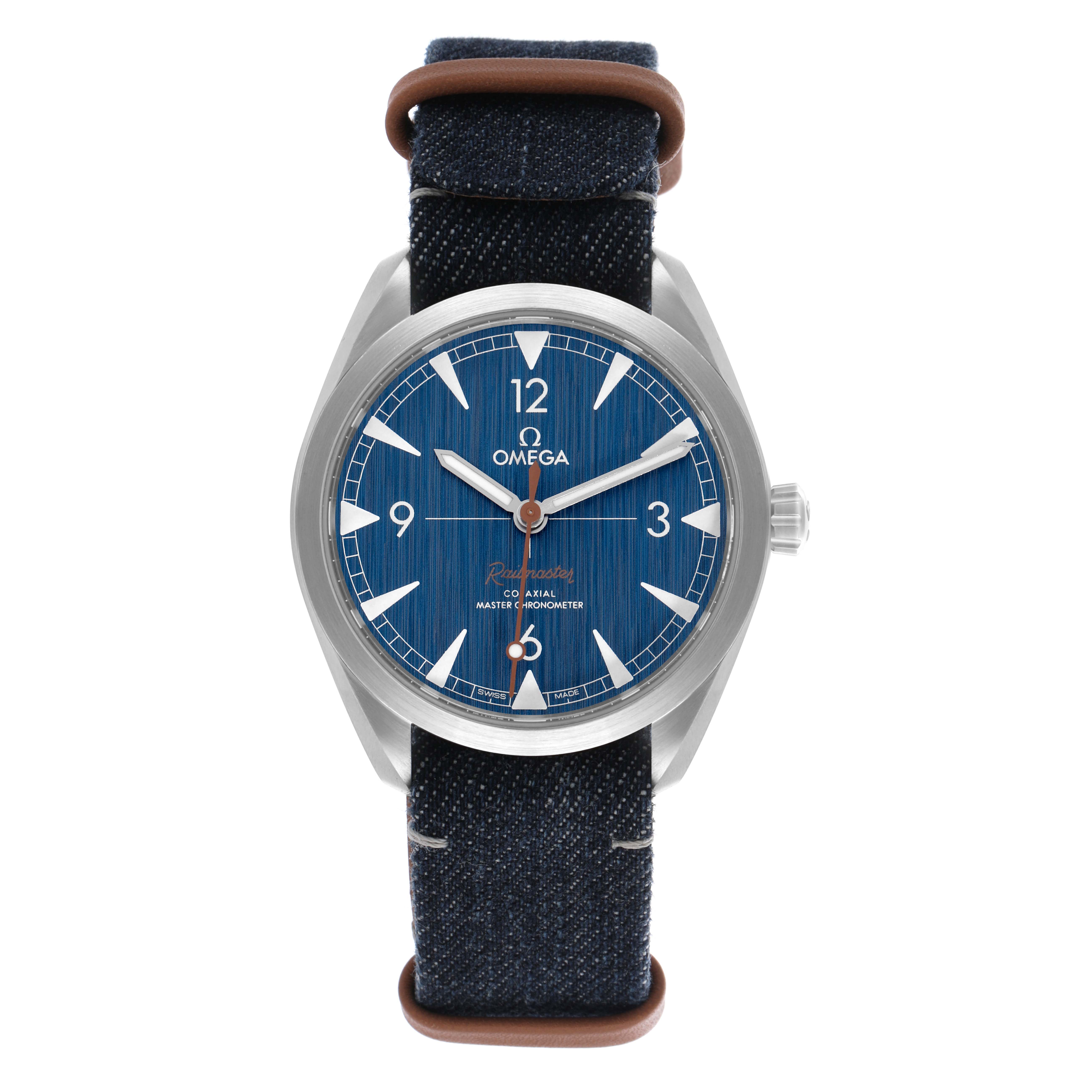The Omega Aqua Terra 220.12.40.20.01.001 Men's Stainless Steel Blue Dial 220.12.40.20.01.001 Men's Stainless Steel Blue Dial watch is shown from a front angle, highlighting its blue dial, bezel, and fabric strap.