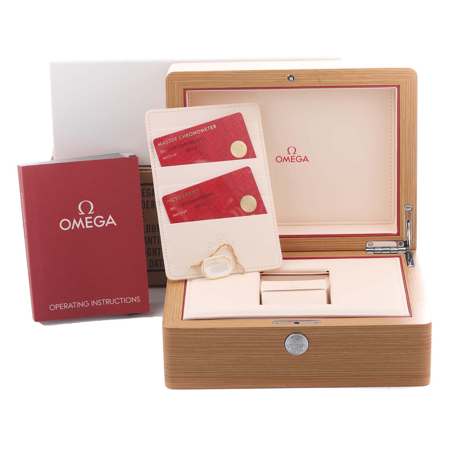 The image shows the Omega Aqua Terra 220.12.40.20.01.001 Men's Stainless Steel Blue Dial 220.12.40.20.01.001 Men's Stainless Steel Blue Dial watch accessories: a wooden box, instruction booklet, and warranty cards.