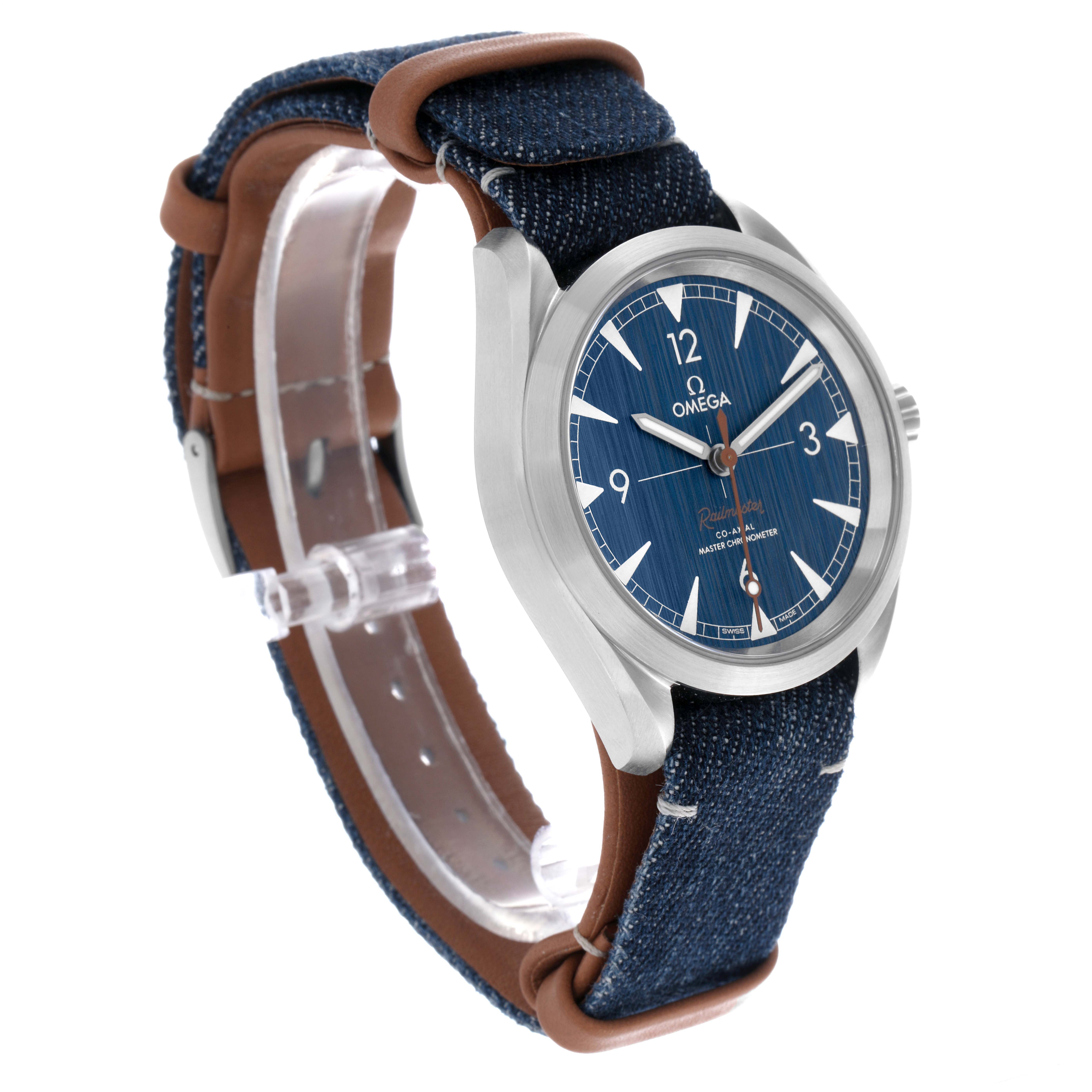 The Omega Aqua Terra 220.12.40.20.01.001 Men's Stainless Steel Blue Dial 220.12.40.20.01.001 Men's Stainless Steel Blue Dial watch is shown at a three-quarter angle, featuring its blue dial, silver case, and blue strap.