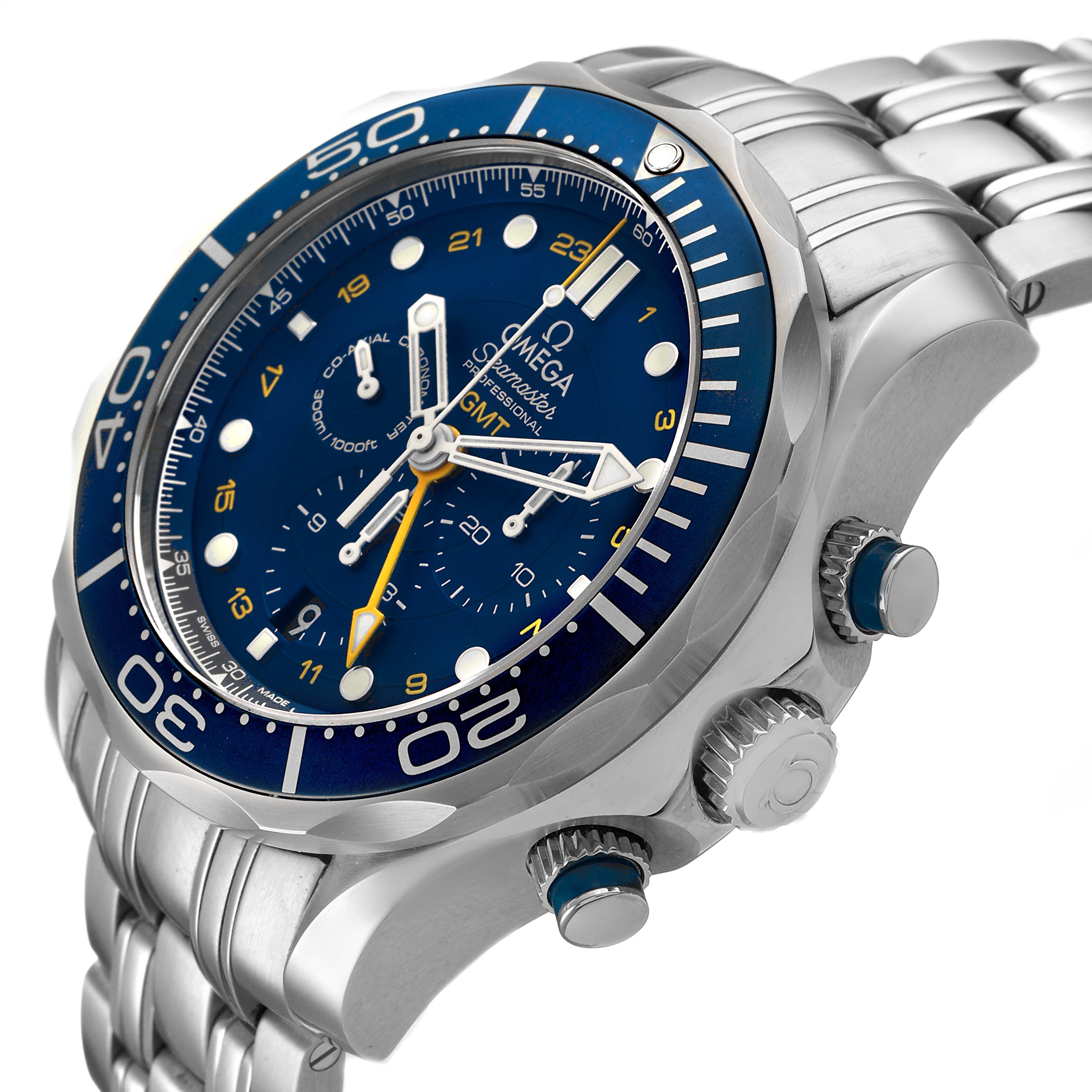 The Omega Seamaster 212.30.44.52.03.001 Men's Stainless Steel Blue Dial watch is shown at an angled view highlighting the bezel, dial, crown, pushers, and bracelet.