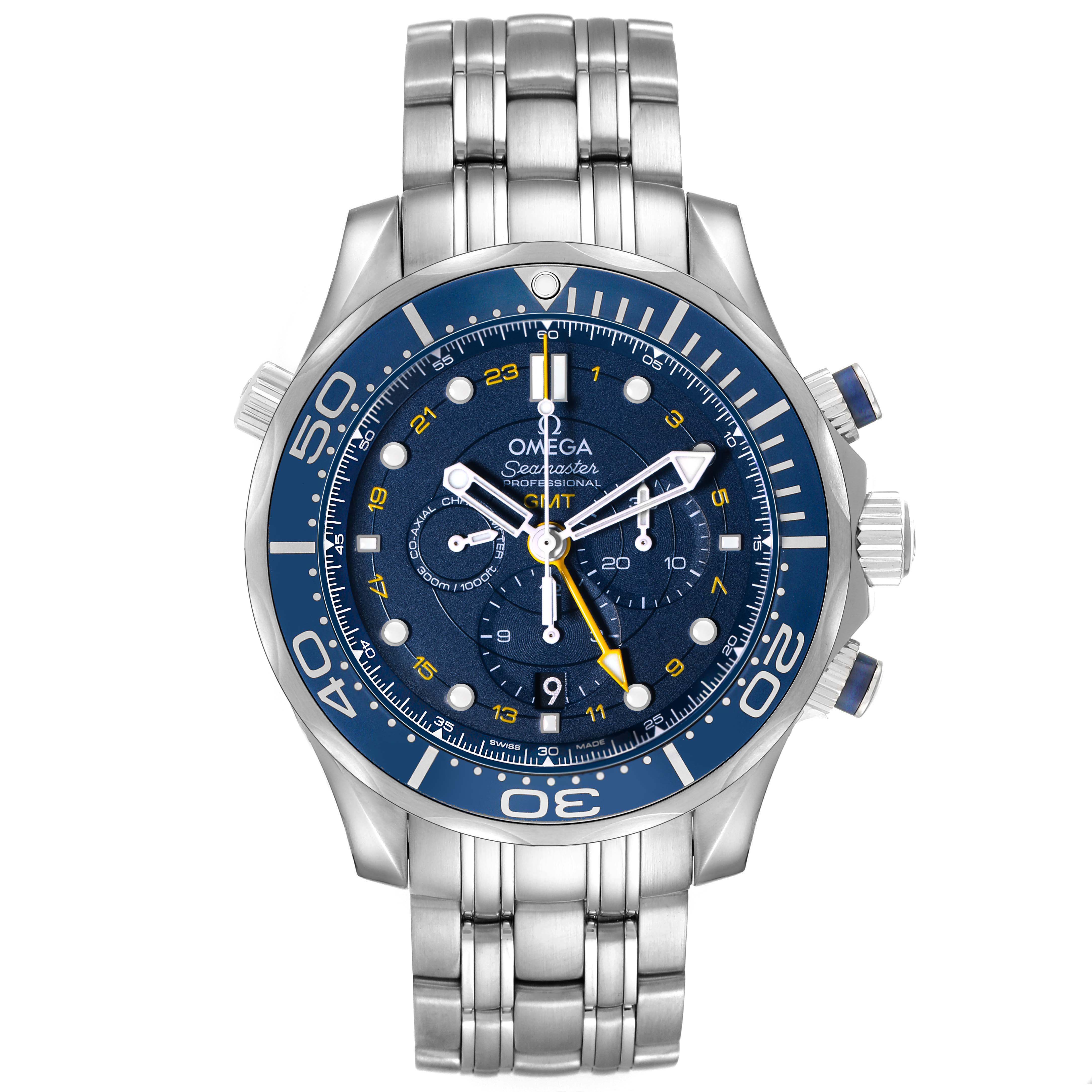 The Omega Seamaster 212.30.44.52.03.001 Men's Stainless Steel Blue Dial watch is shown from the front, displaying its dial, bezel, and bracelet.