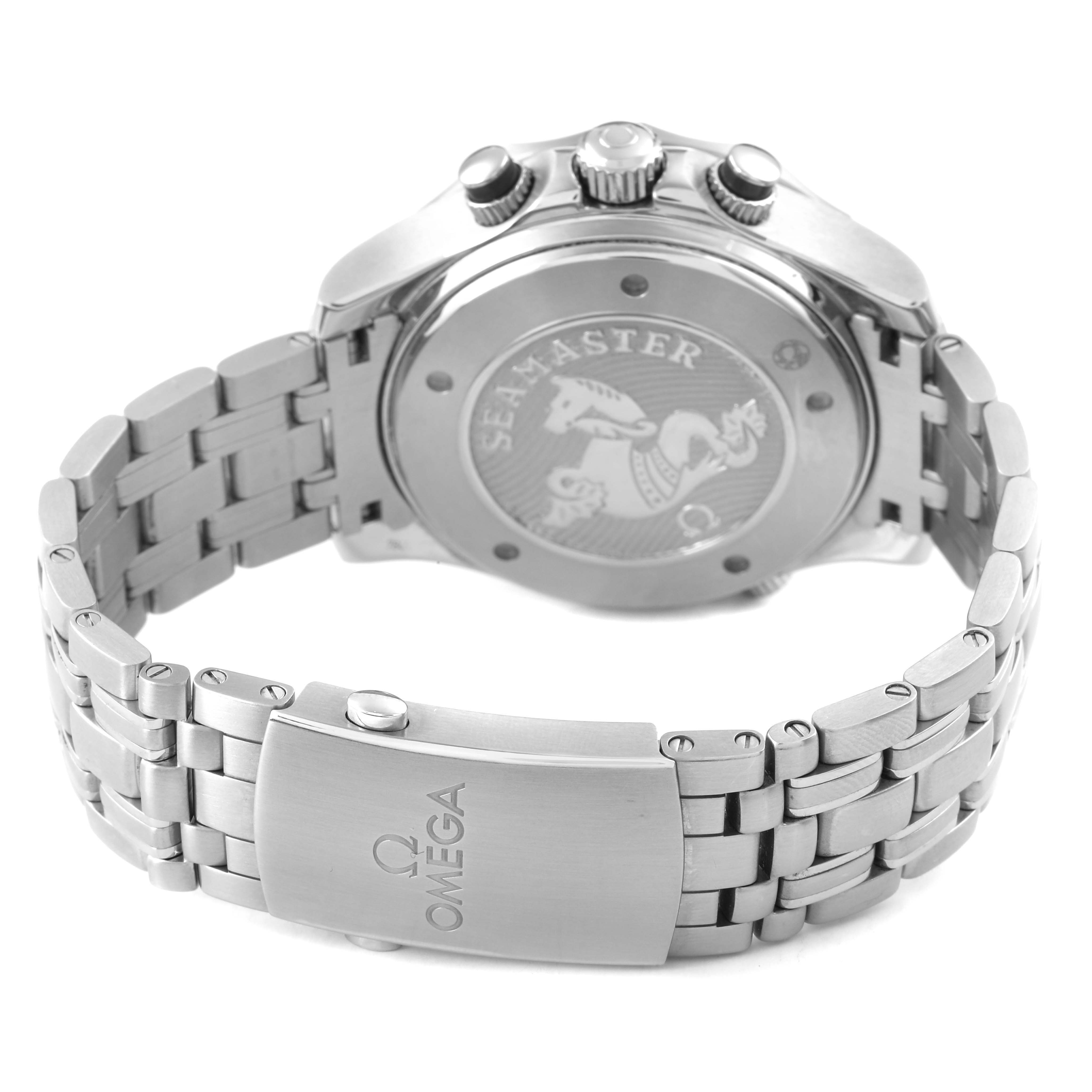 The image shows the back of the Omega Seamaster 212.30.44.52.03.001 Men's Stainless Steel Blue Dial watch, highlighting the case back and bracelet with the clasp visibly engraved.