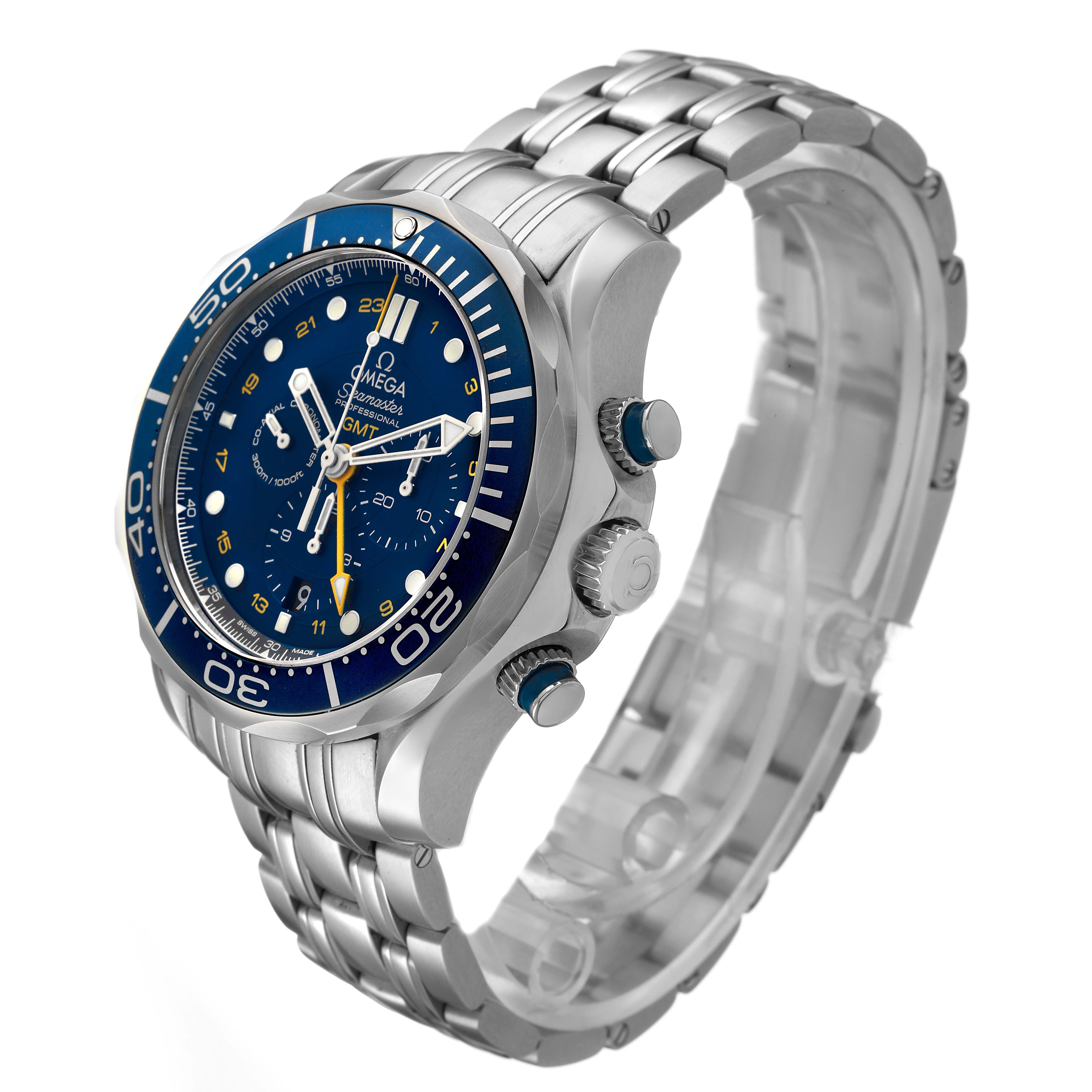 The Omega Seamaster 212.30.44.52.03.001 Men's Stainless Steel Blue Dial watch is shown at a three-quarter angle, highlighting the dial, bezel, bracelet, and side pushers.