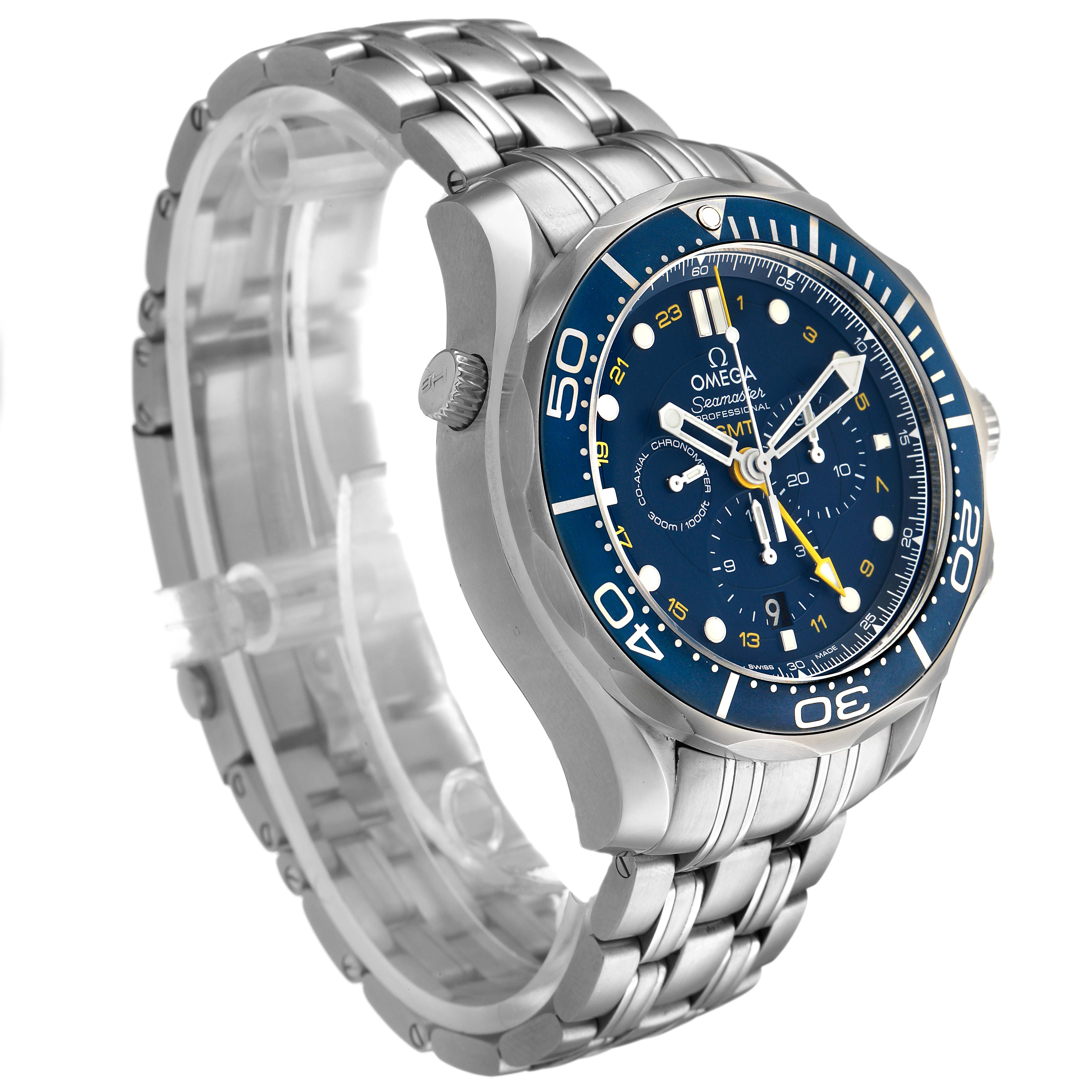 The Omega Seamaster 212.30.44.52.03.001 Men's Stainless Steel Blue Dial watch is shown at a three-quarter angle, highlighting the dial, bezel, and part of the bracelet.