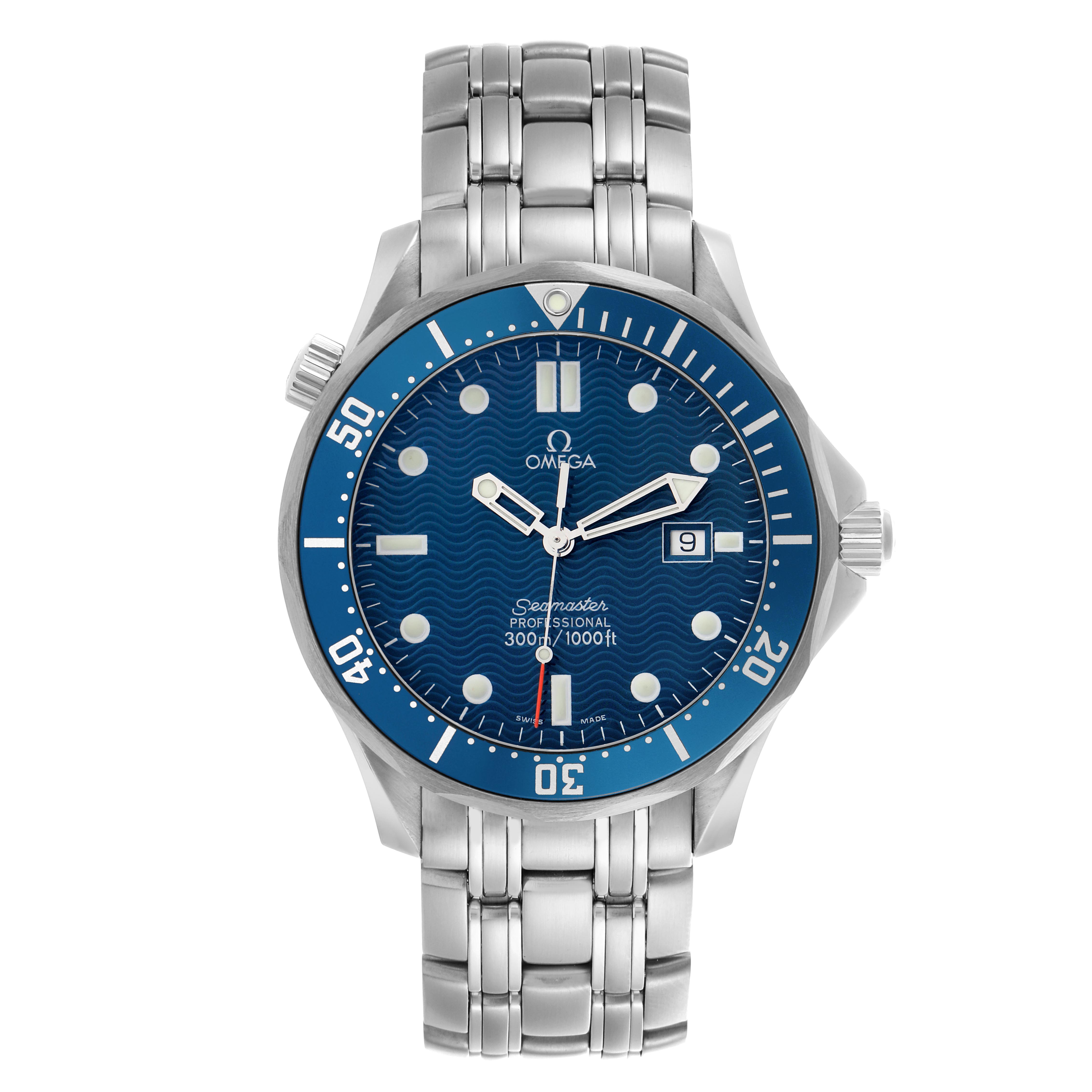 The Omega Seamaster 2541.80.00 Men
s Stainless Steel Blue Dial 2541.80.00 Men
s Stainless Steel Blue Dial watch is shown from a front angle, highlighting its blue dial, bezel, and stainless steel bracelet.