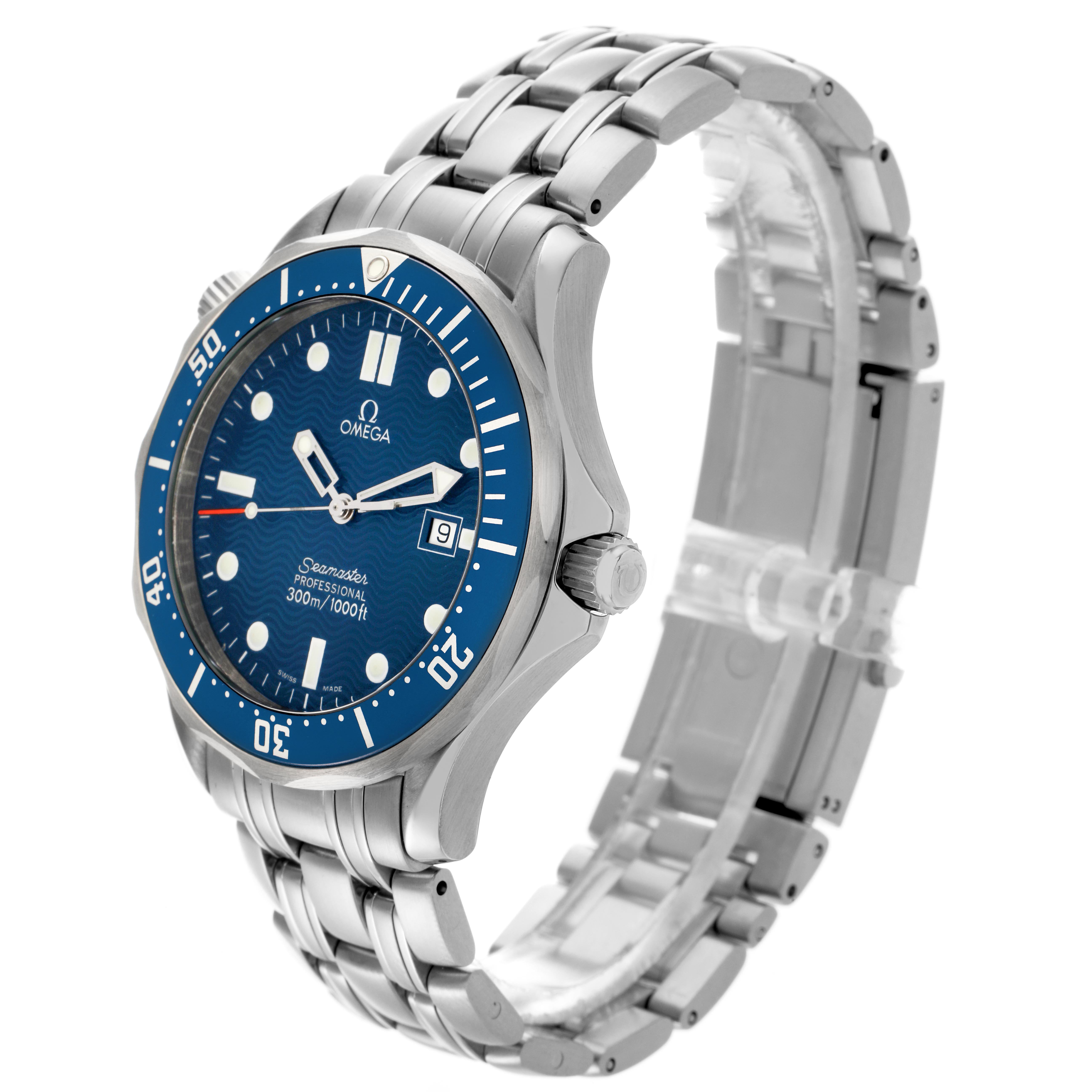 The Omega Seamaster 2541.80.00 Men
s Stainless Steel Blue Dial 2541.80.00 Men
s Stainless Steel Blue Dial watch is shown at an angled side view, highlighting the face, bezel, crown, and metal bracelet.