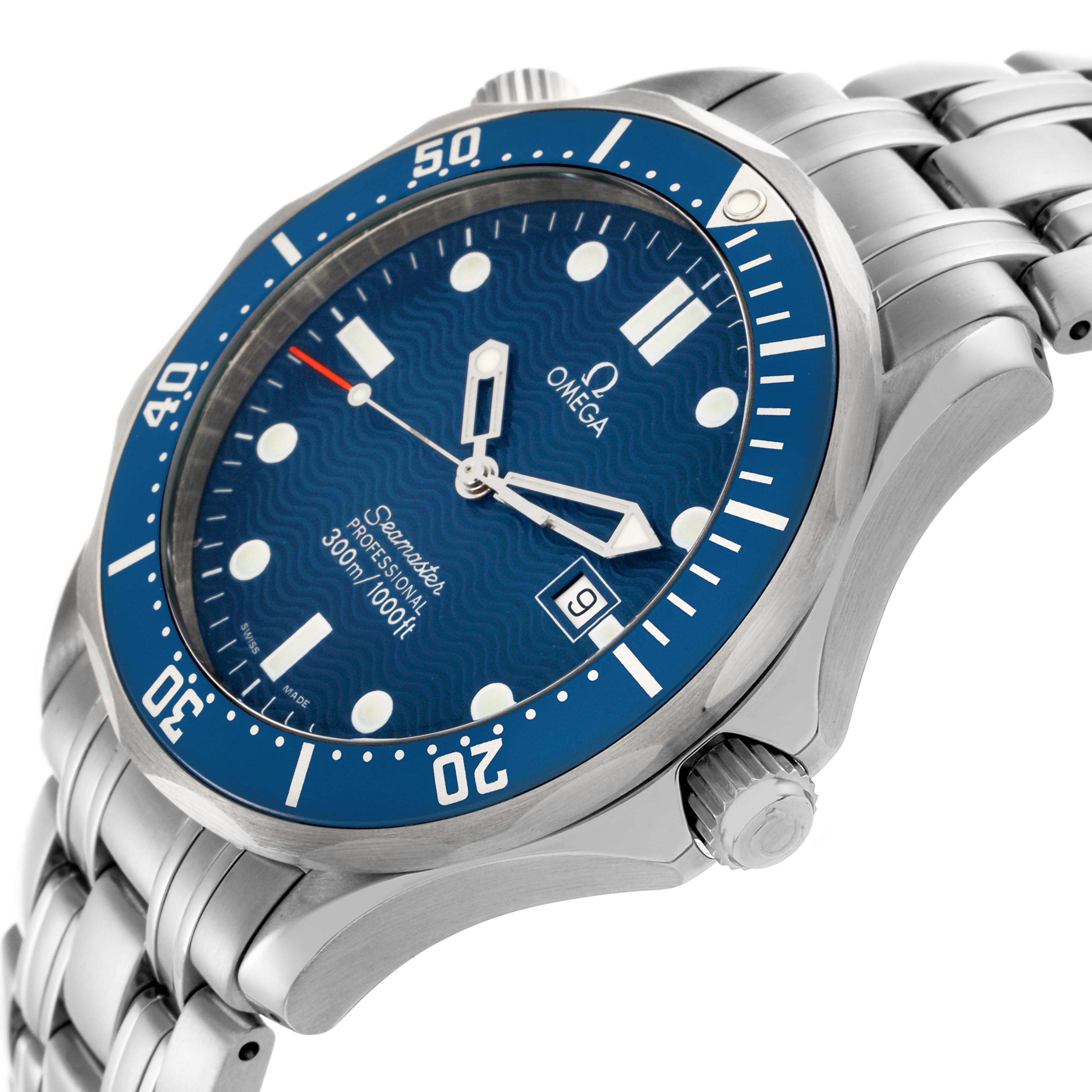 The Omega Seamaster 2541.80.00 Men
s Stainless Steel Blue Dial 2541.80.00 Men
s Stainless Steel Blue Dial watch is shown at an angle highlighting the blue dial, bezel, date window, crown, and stainless steel bracelet.