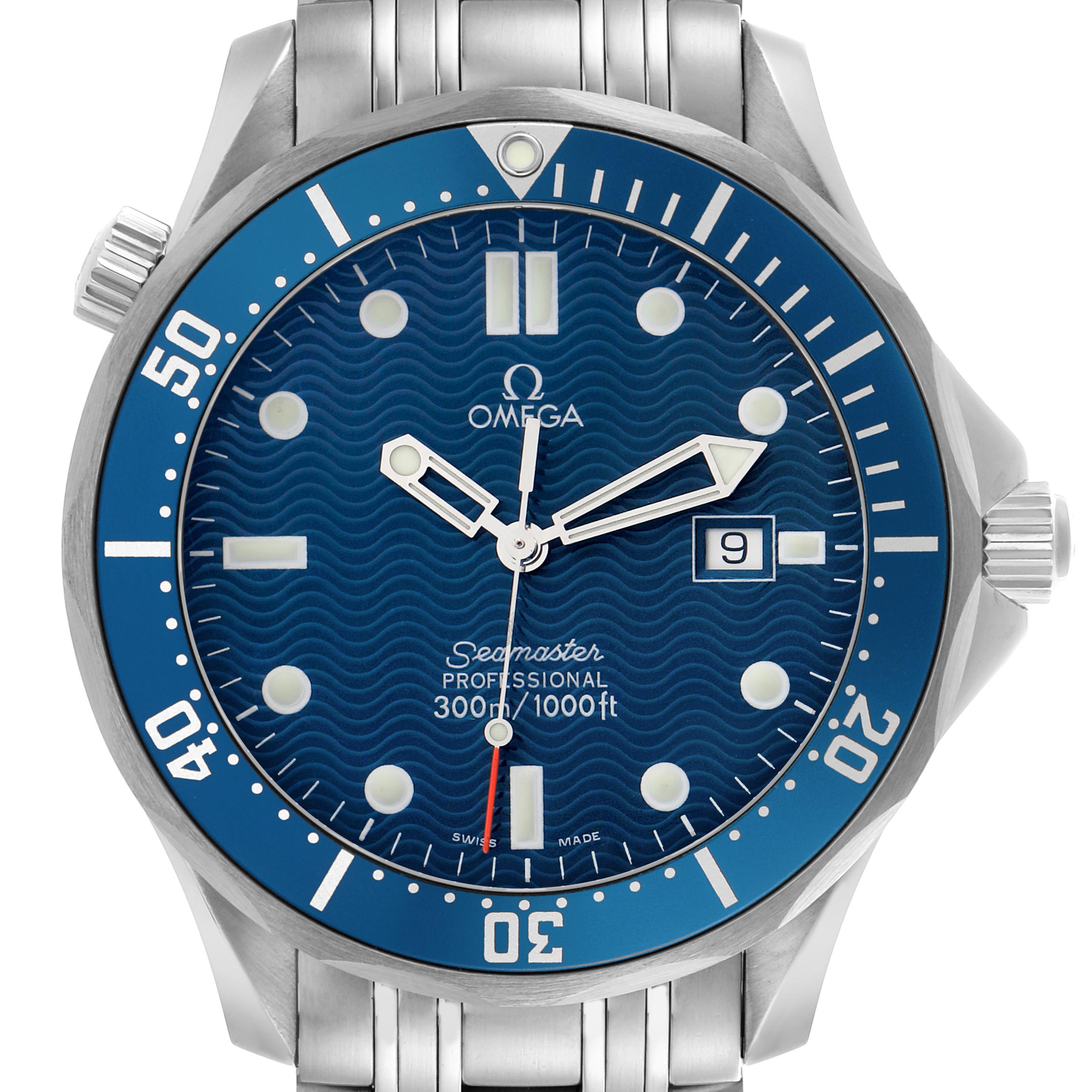 The Omega Seamaster 2541.80.00 Men
s Stainless Steel Blue Dial 2541.80.00 Men
s Stainless Steel Blue Dial watch is shown from a front angle, highlighting the dial, bezel, and part of the bracelet.