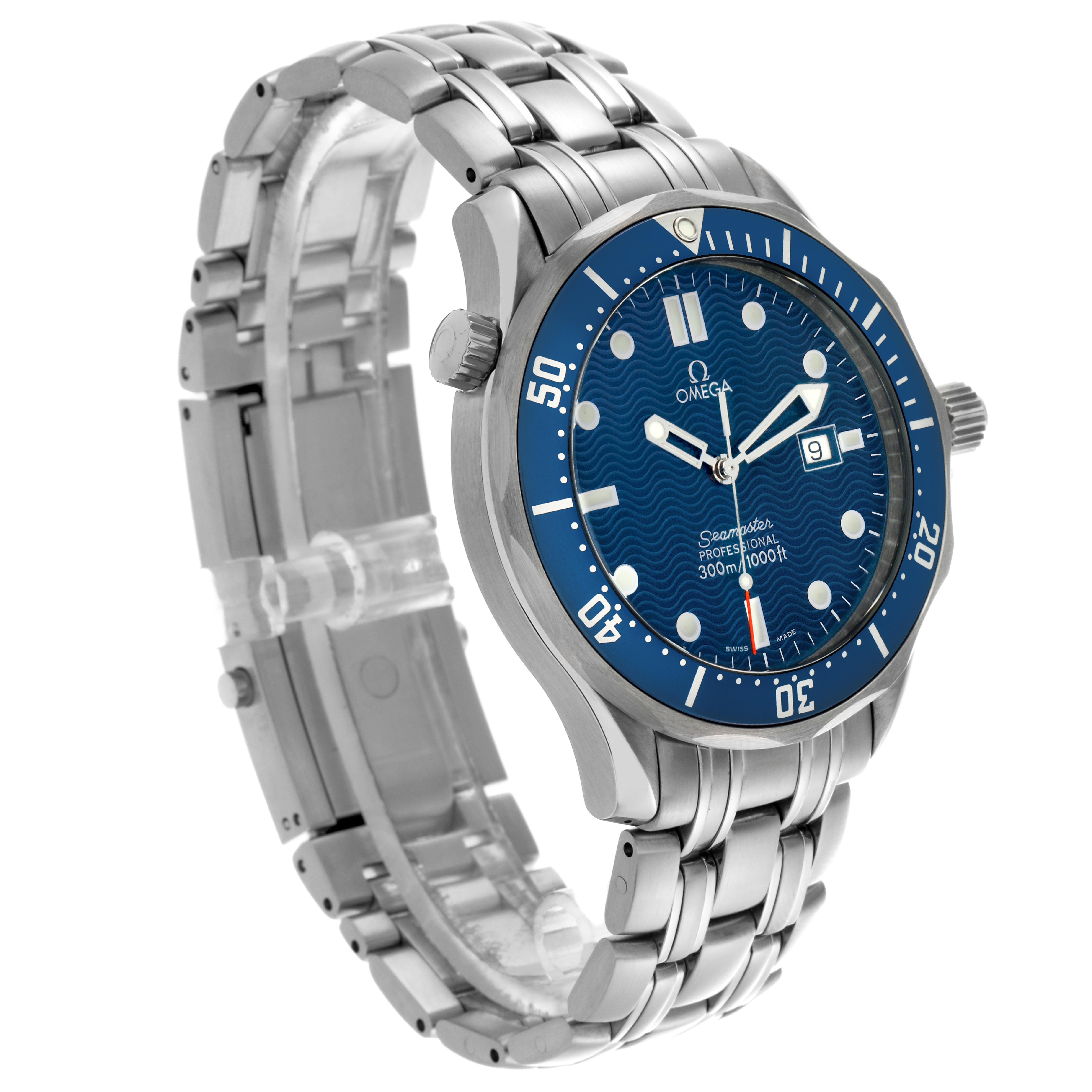 The Omega Seamaster 2541.80.00 Men
s Stainless Steel Blue Dial 2541.80.00 Men
s Stainless Steel Blue Dial watch is shown at an angled view, displaying the blue dial, bezel, and metal bracelet.