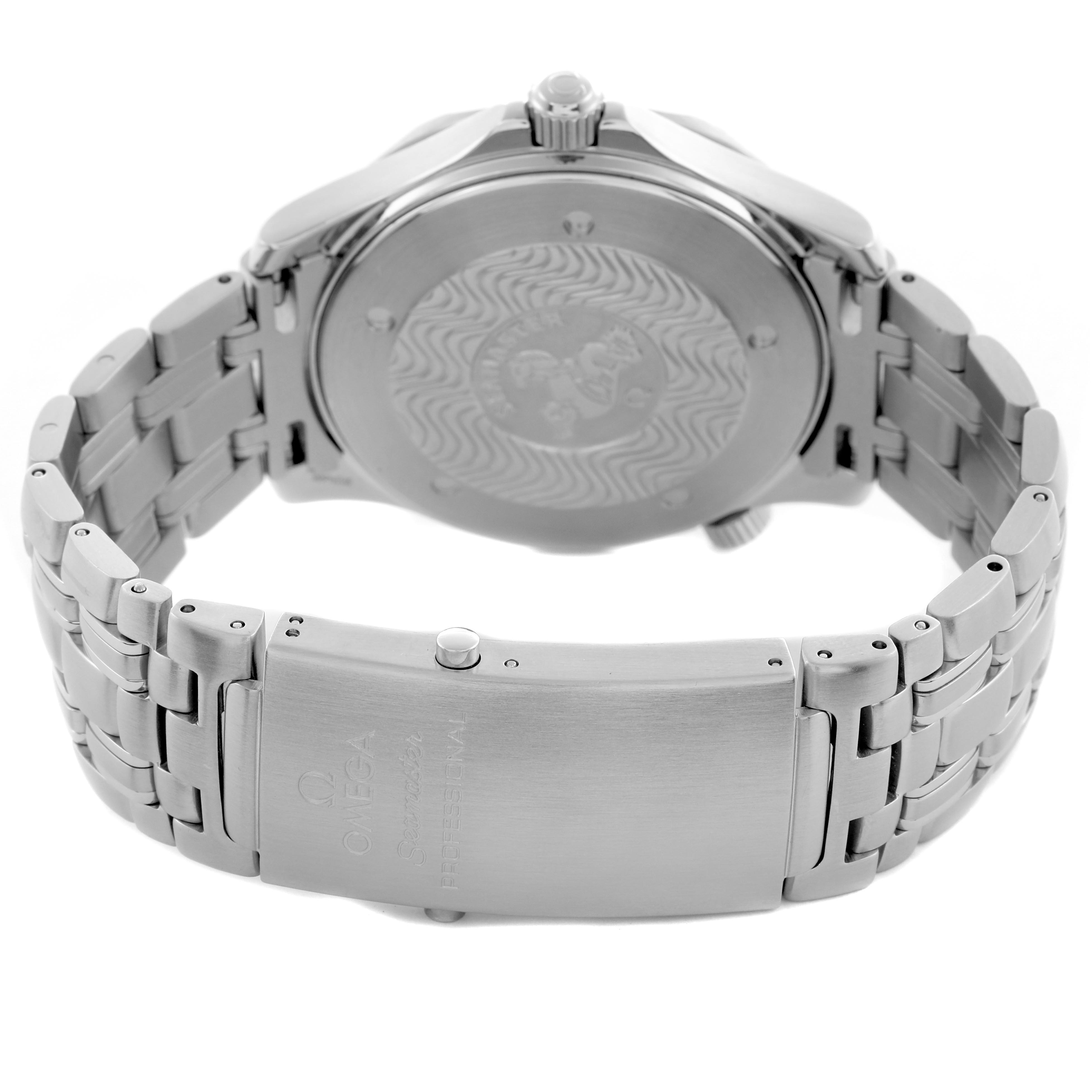 The image shows the Omega Seamaster 2541.80.00 Men
s Stainless Steel Blue Dial 2541.80.00 Men
s Stainless Steel Blue Dial watch from the back, highlighting the closed clasp and rear case details.