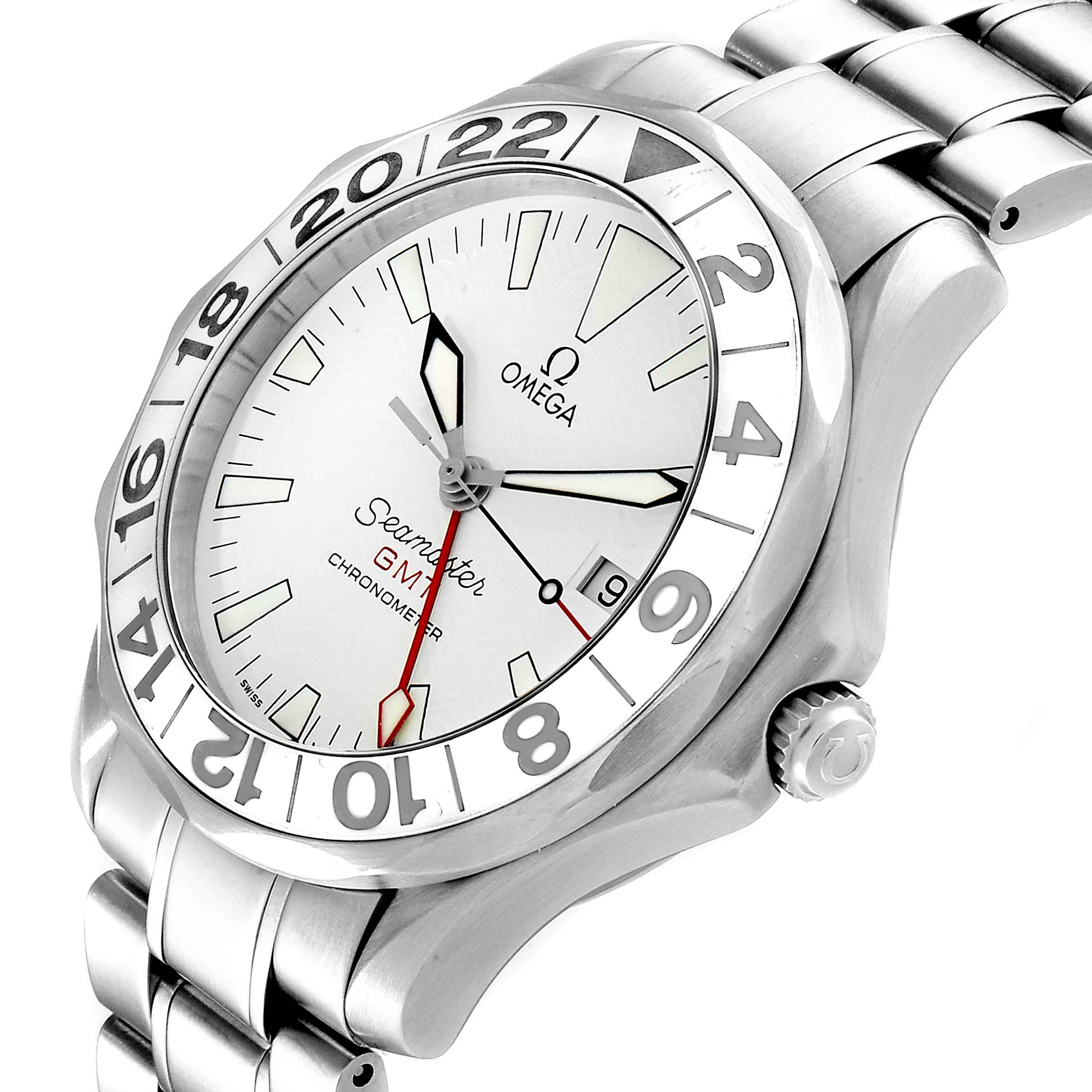 This image shows a side-view angle of the Omega Seamaster 2538.20.00 Men's Stainless Steel White Dial 2538.20.00 Men's Stainless Steel White Dial GMT watch, highlighting the dial, bezel, crown, and part of the bracelet.