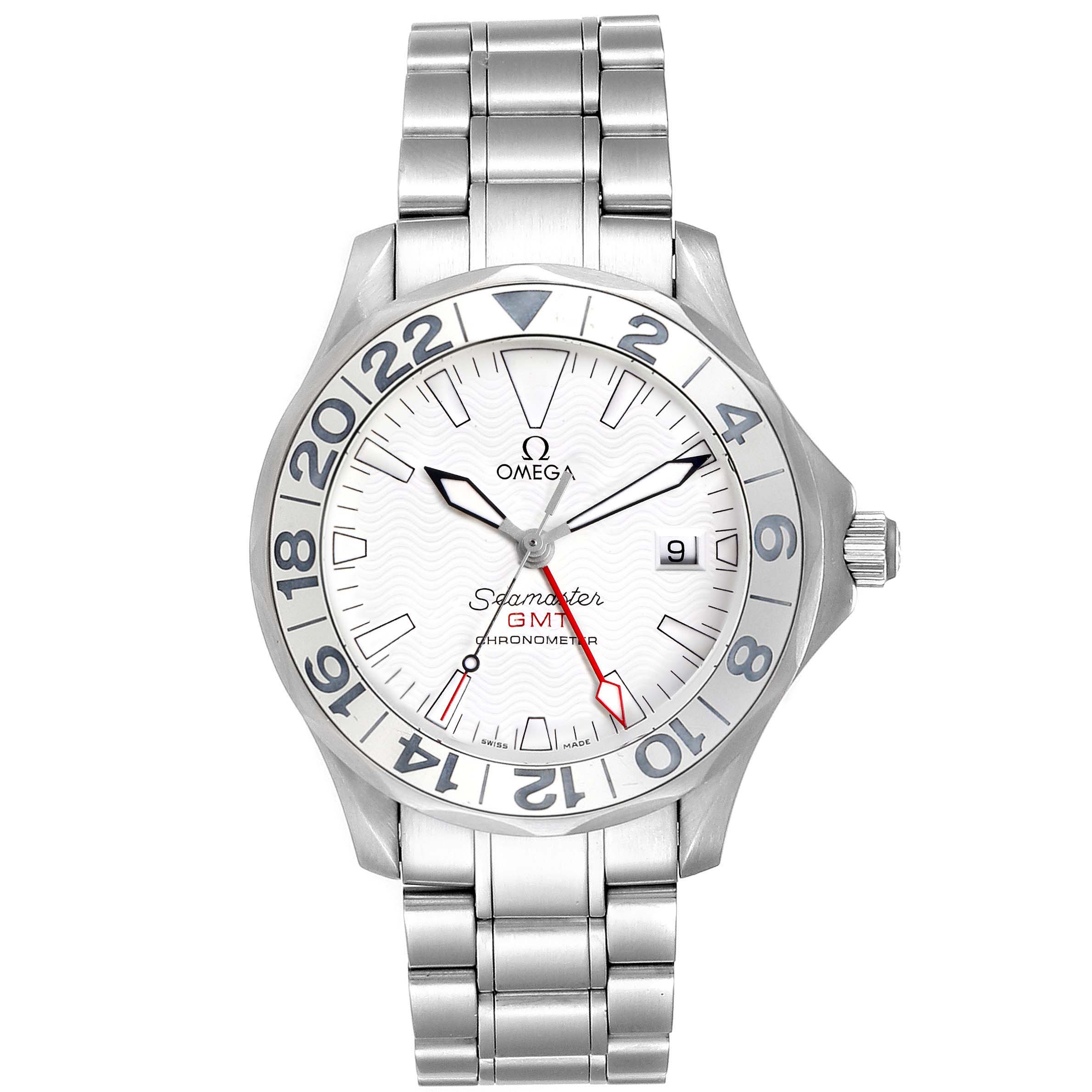 The Omega Seamaster 2538.20.00 Men's Stainless Steel White Dial 2538.20.00 Men's Stainless Steel White Dial watch is shown from a front angle, displaying the dial, hands, date window, and stainless steel bracelet.