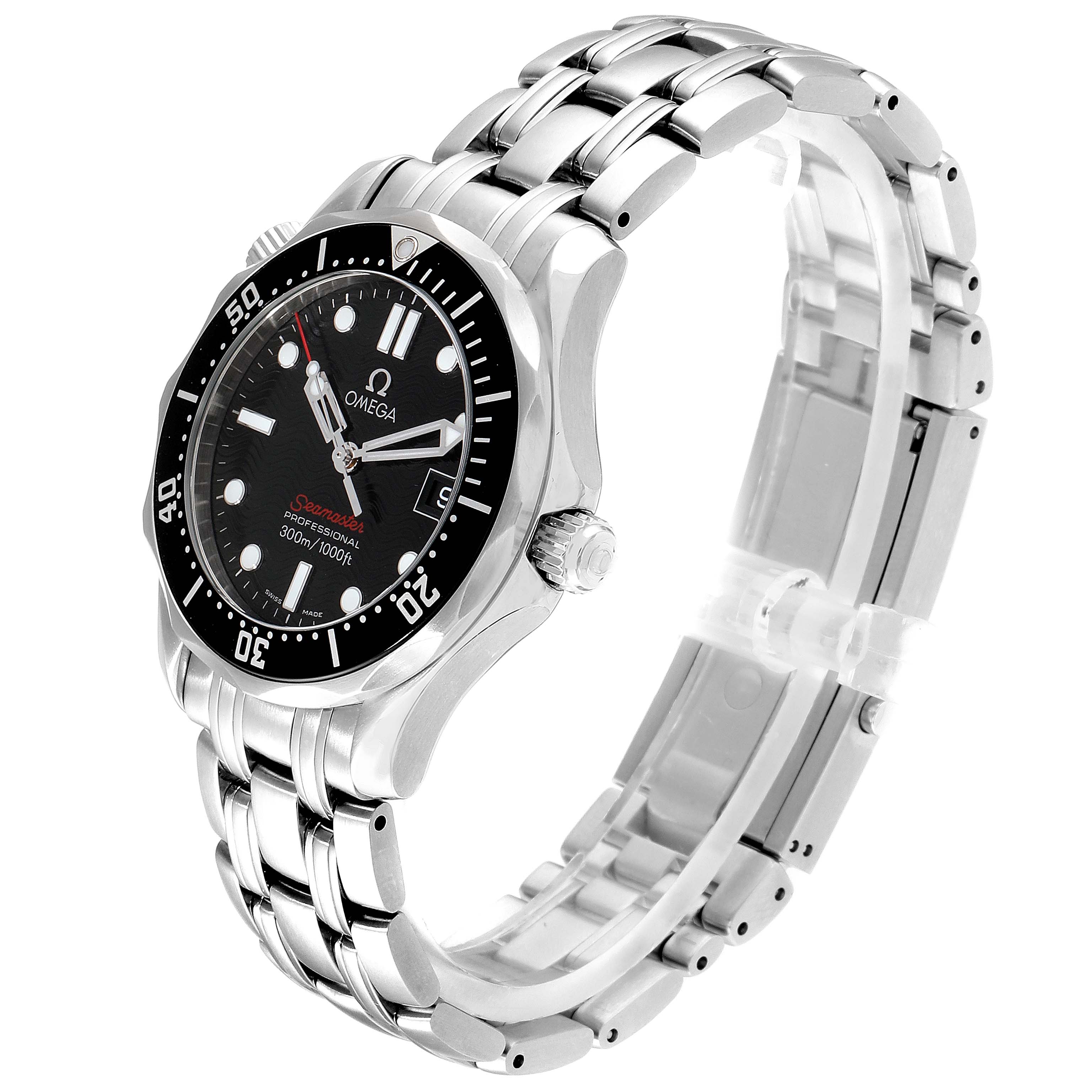 The image shows a side and front angle of the Omega Seamaster 212.30.36.61.01.001 Men
s Stainless Steel Black Dial 212.30.36.61.01.001 Men
s Stainless Steel Black Dial watch, displaying its dial, bezel, case, and stainless steel bracelet.