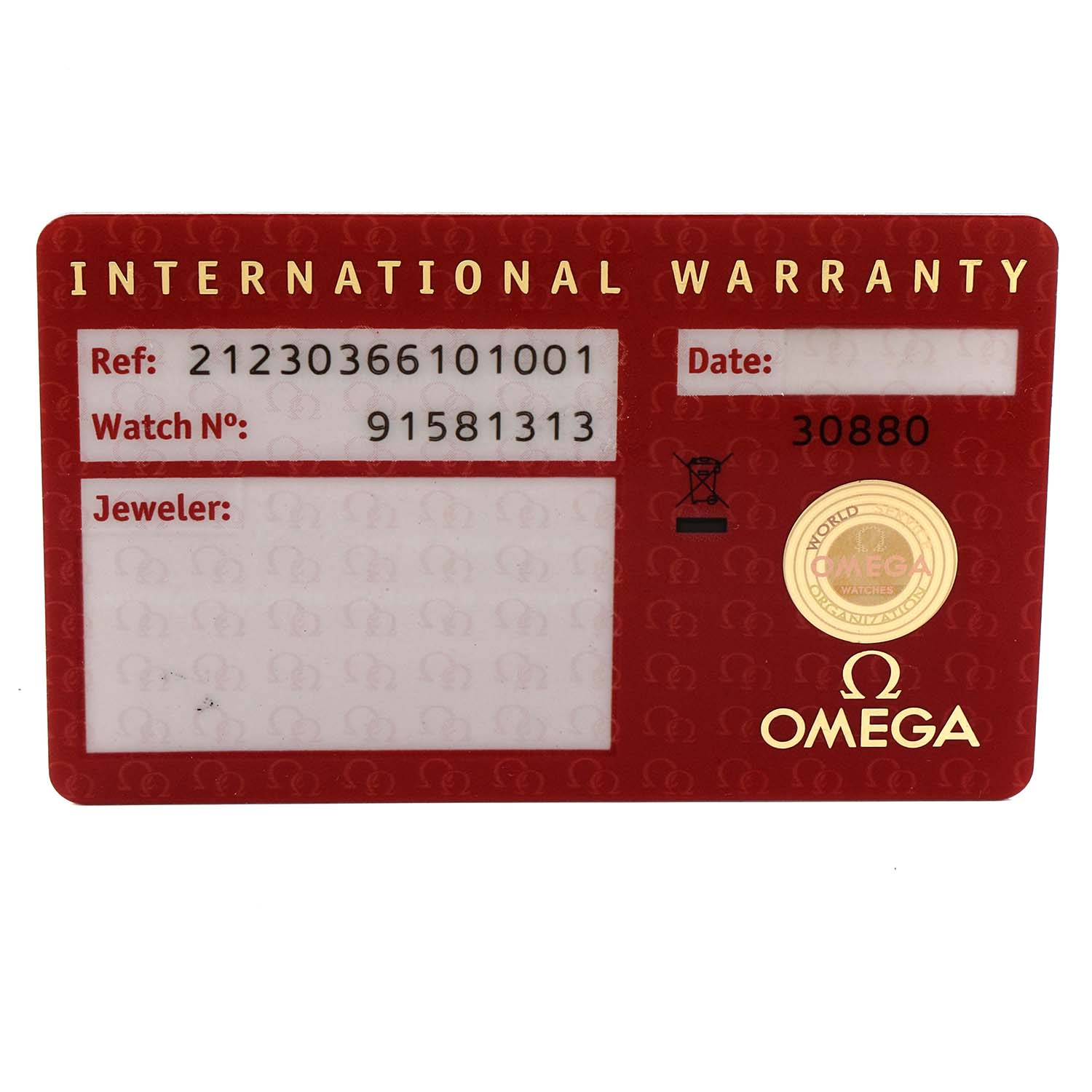 The image shows an international warranty card for the Omega Seamaster 212.30.36.61.01.001 Men
s Stainless Steel Black Dial 212.30.36.61.01.001 Men
s Stainless Steel Black Dial watch model.