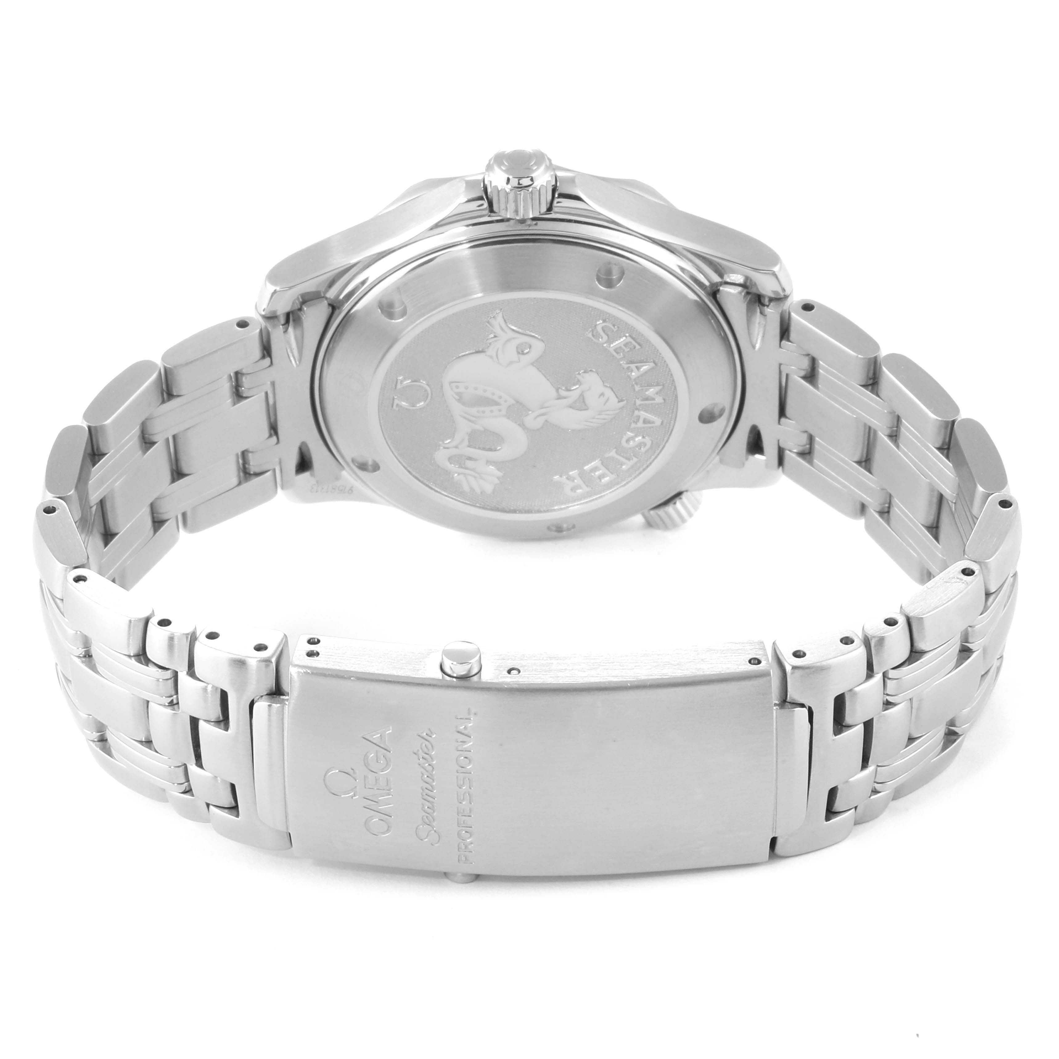 The image shows the back side of an Omega Seamaster 212.30.36.61.01.001 Men
s Stainless Steel Black Dial 212.30.36.61.01.001 Men
s Stainless Steel Black Dial watch, highlighting the case back and metal bracelet with the clasp.