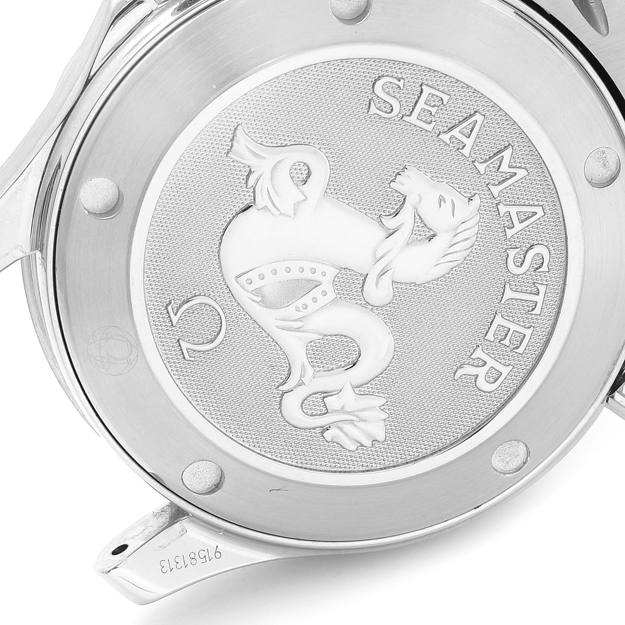 The image shows the back case of an Omega Seamaster 212.30.36.61.01.001 Men
s Stainless Steel Black Dial 212.30.36.61.01.001 Men
s Stainless Steel Black Dial watch at a slight angle.