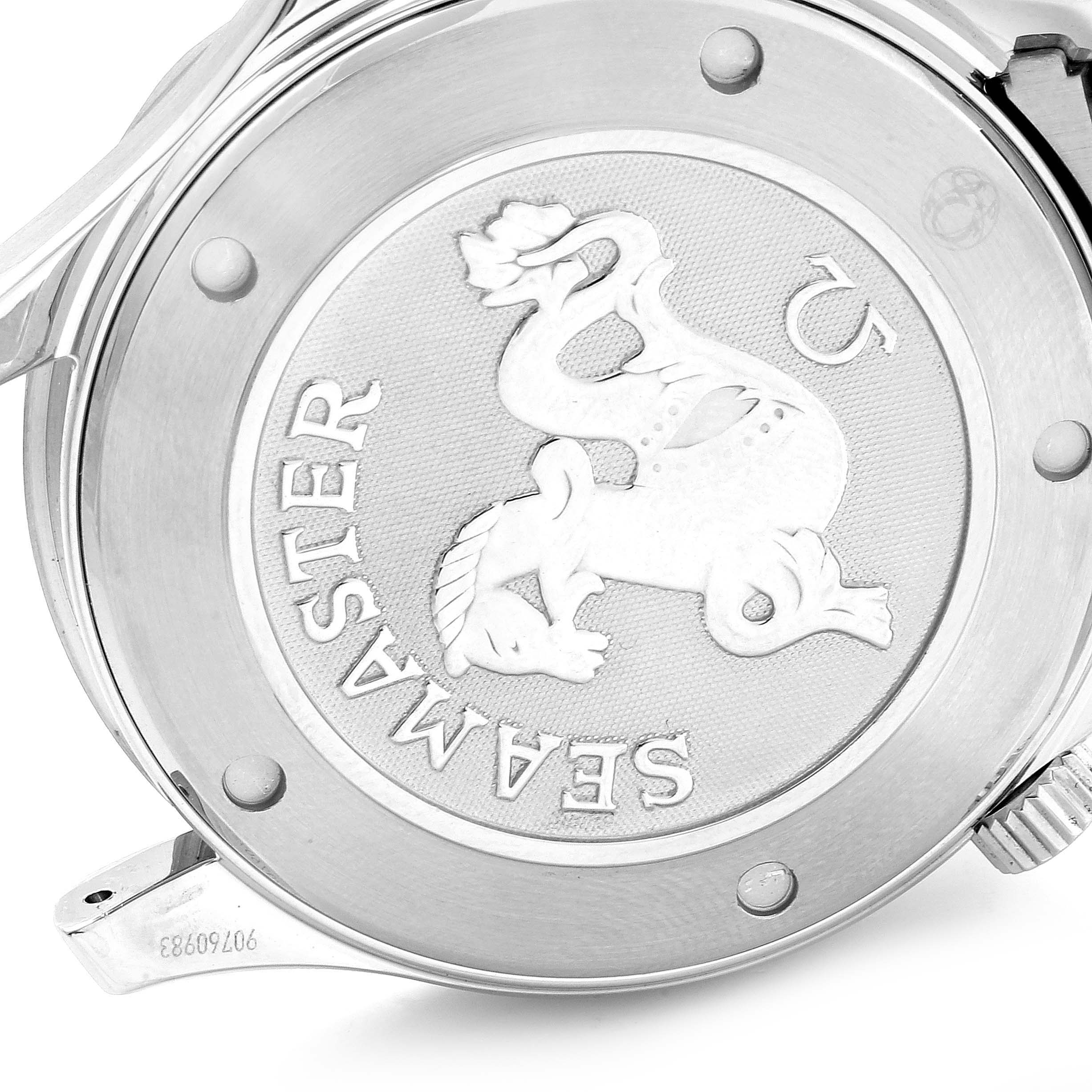 This image shows the engraved case back of an Omega Seamaster 212.30.41.61.01.001 Men
s Stainless Steel Black Dial 212.30.41.61.01.001 Men
s Stainless Steel Black Dial watch, featuring a seahorse emblem.