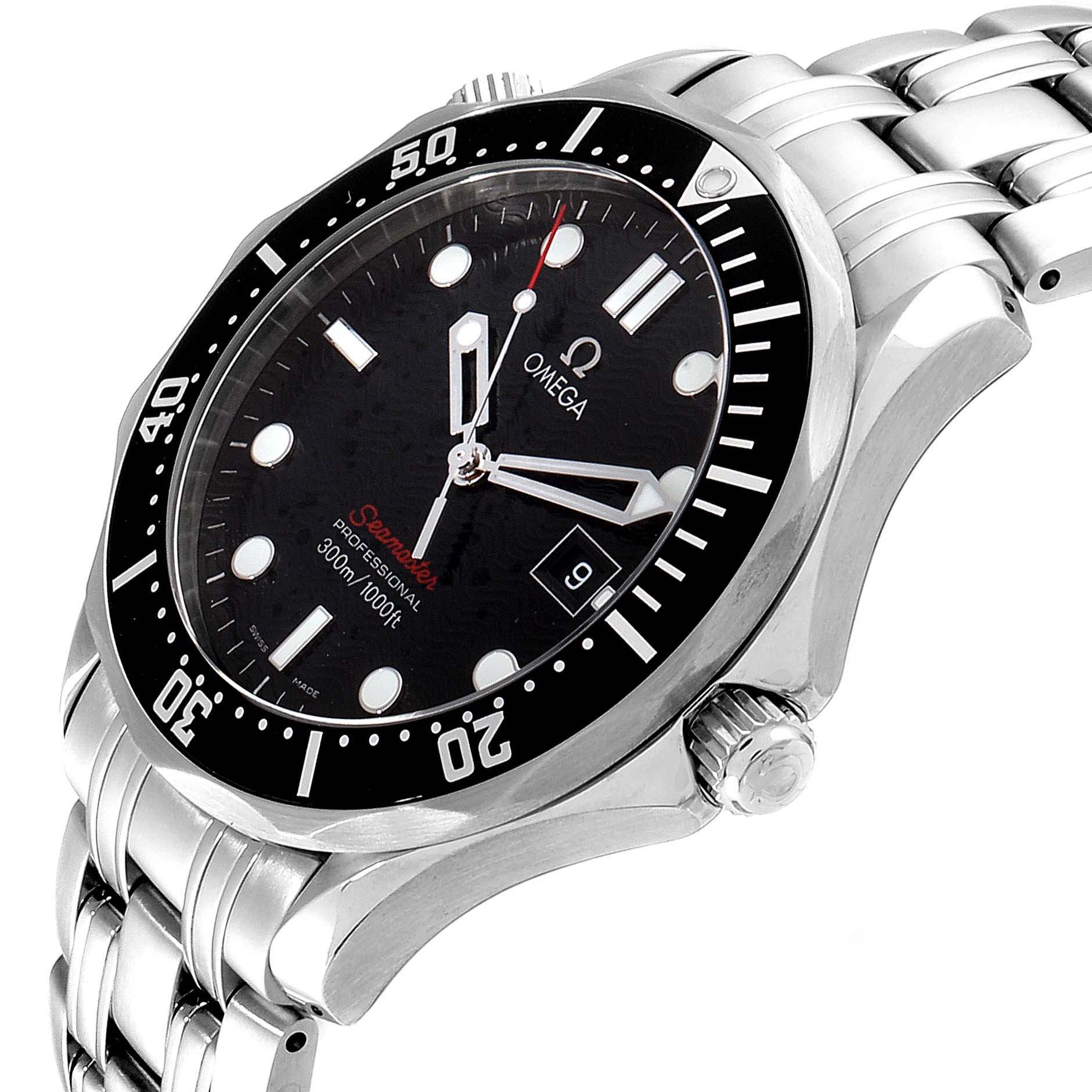 The Omega Seamaster 212.30.41.61.01.001 Men
s Stainless Steel Black Dial 212.30.41.61.01.001 Men
s Stainless Steel Black Dial watch is shown from an angled side view highlighting the case, bezel, dial, crown, and bracelet.
