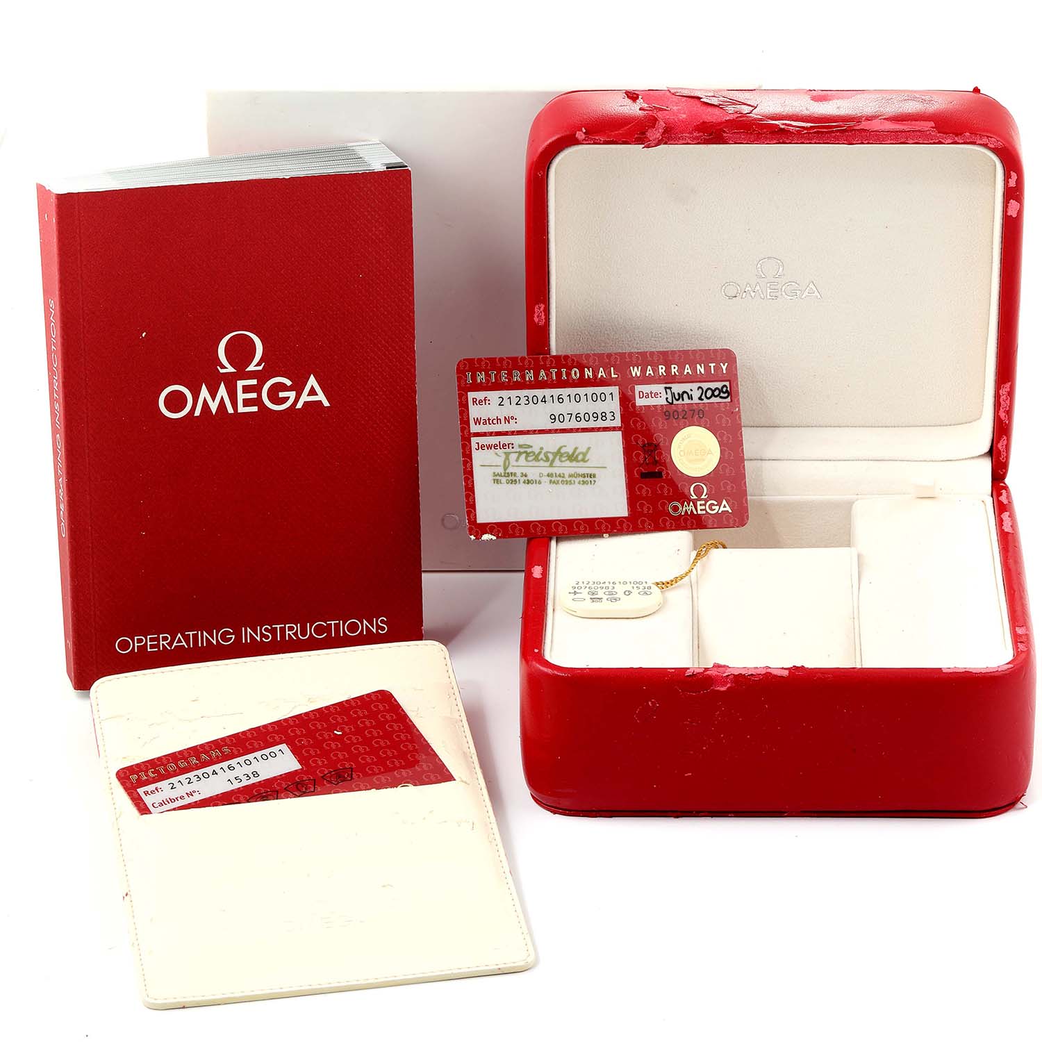 The image shows the accessories of an Omega Seamaster 212.30.41.61.01.001 Men
s Stainless Steel Black Dial 212.30.41.61.01.001 Men
s Stainless Steel Black Dial, including the box, warranty card, operating instructions, and an Best Quality
ation card.