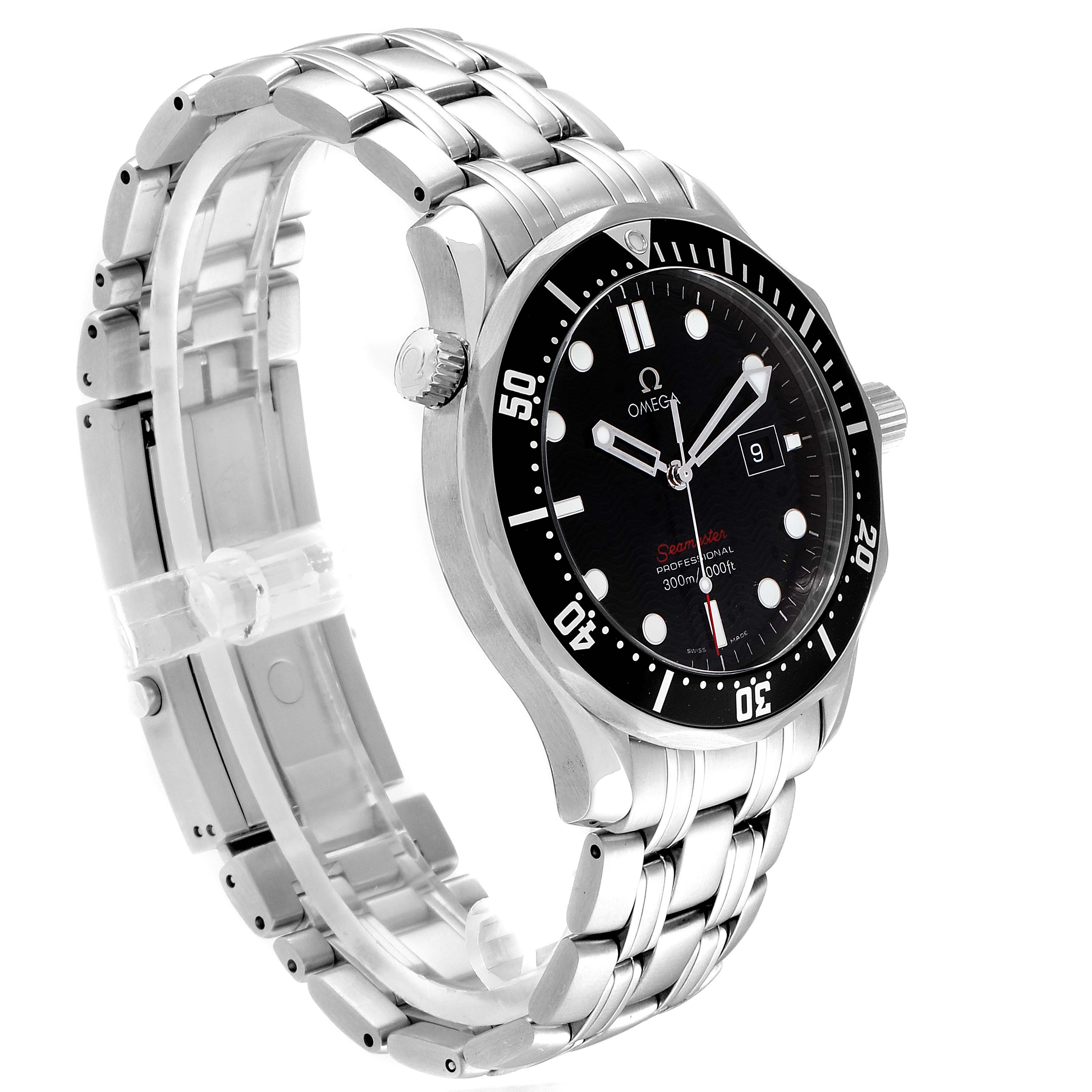 The image shows a side angle of the Omega Seamaster 212.30.41.61.01.001 Men
s Stainless Steel Black Dial 212.30.41.61.01.001 Men
s Stainless Steel Black Dial watch, highlighting its black dial, bezel, and metal bracelet.