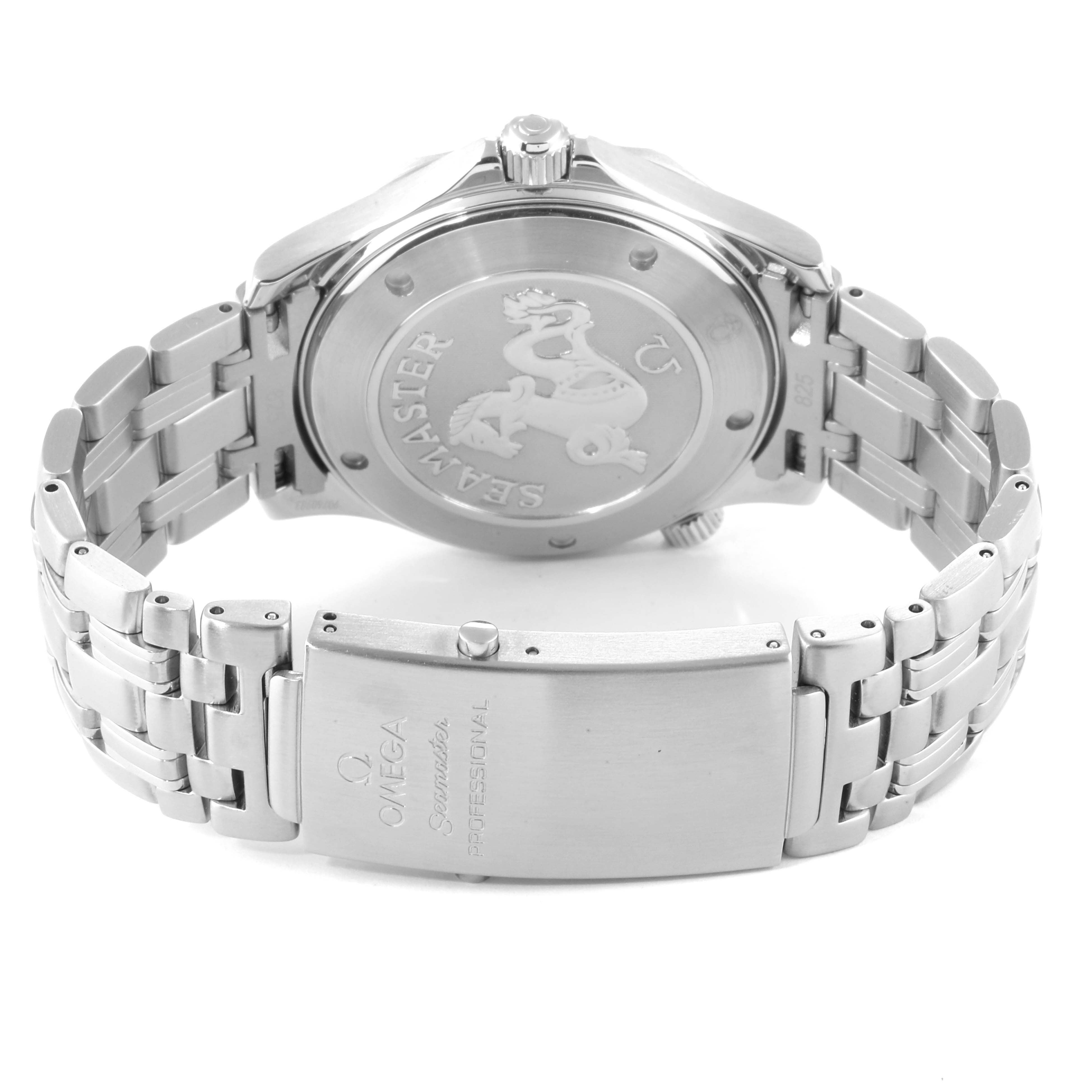 This image shows the Omega Seamaster 212.30.41.61.01.001 Men
s Stainless Steel Black Dial 212.30.41.61.01.001 Men
s Stainless Steel Black Dial watch from the rear, displaying the case back and stainless steel bracelet.