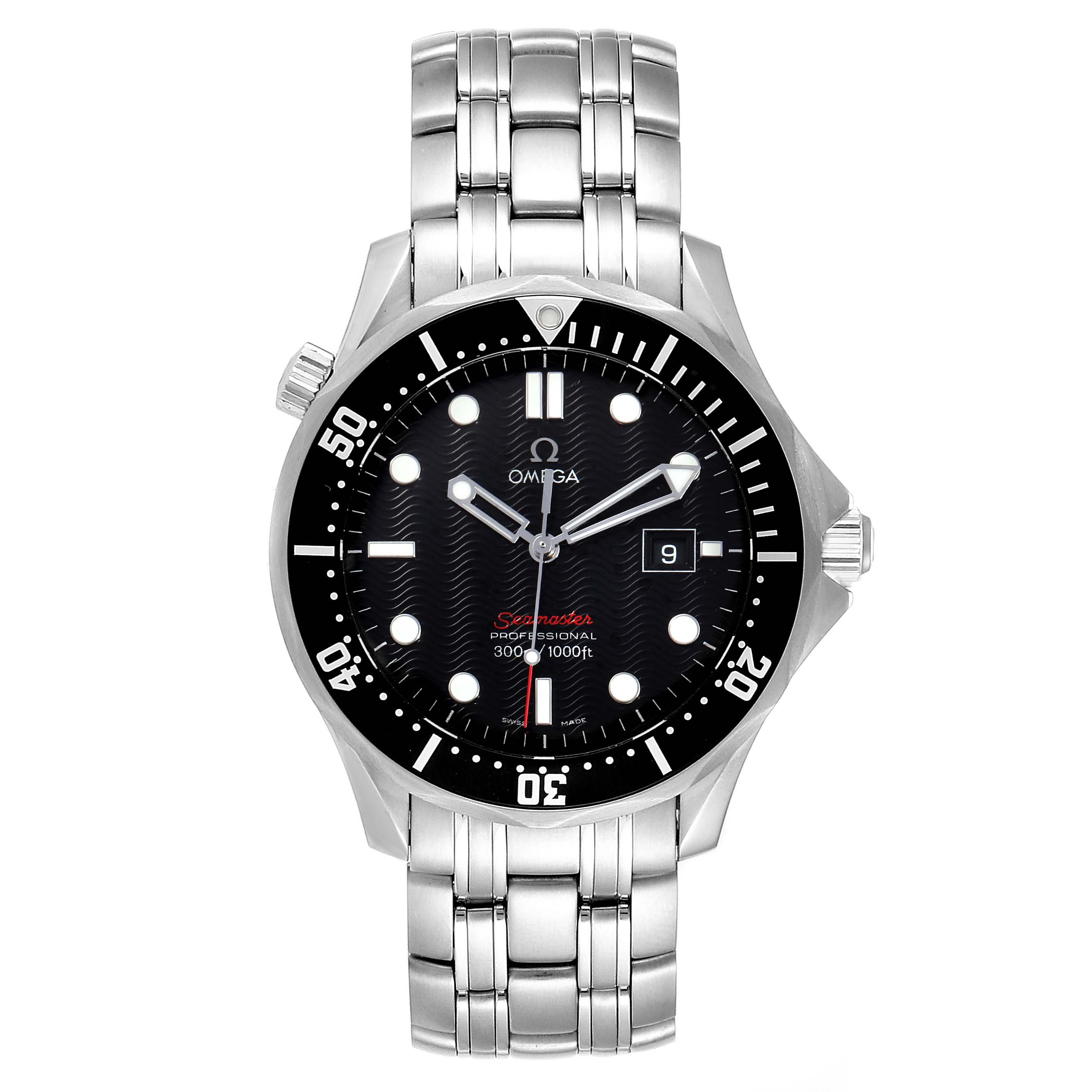 The image displays a front view of an Omega Seamaster 212.30.41.61.01.001 Men
s Stainless Steel Black Dial 212.30.41.61.01.001 Men
s Stainless Steel Black Dial watch, showing the face, bezel, crown, and metal bracelet.