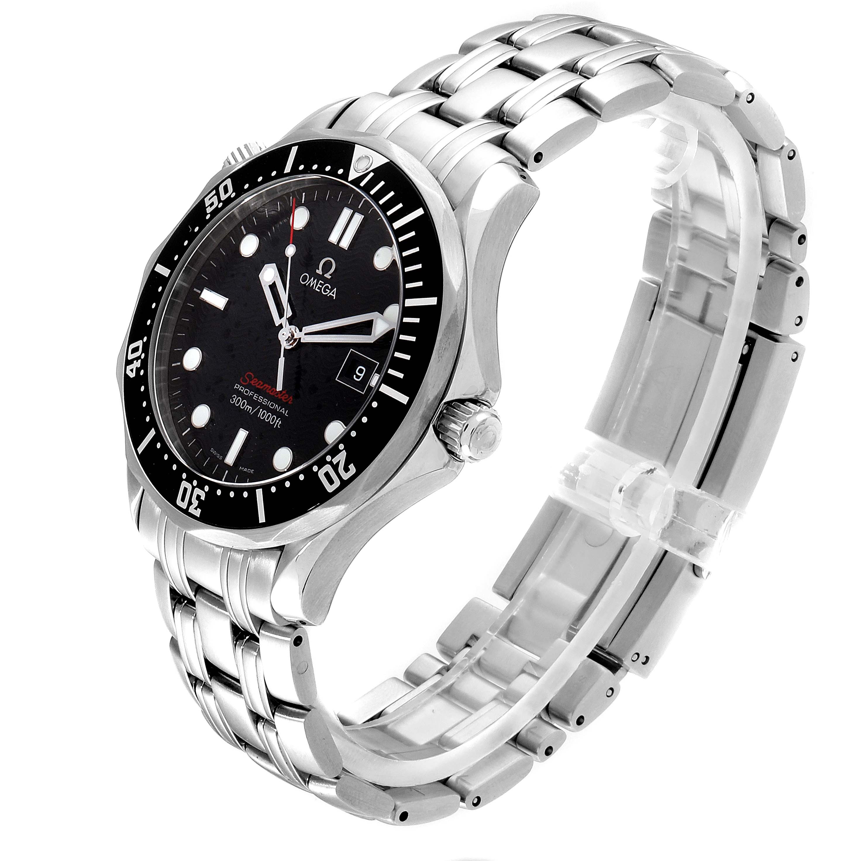 This image shows a side-angle view of an Omega Seamaster 212.30.41.61.01.001 Men
s Stainless Steel Black Dial 212.30.41.61.01.001 Men
s Stainless Steel Black Dial watch, highlighting its face, bezel, and metal strap.