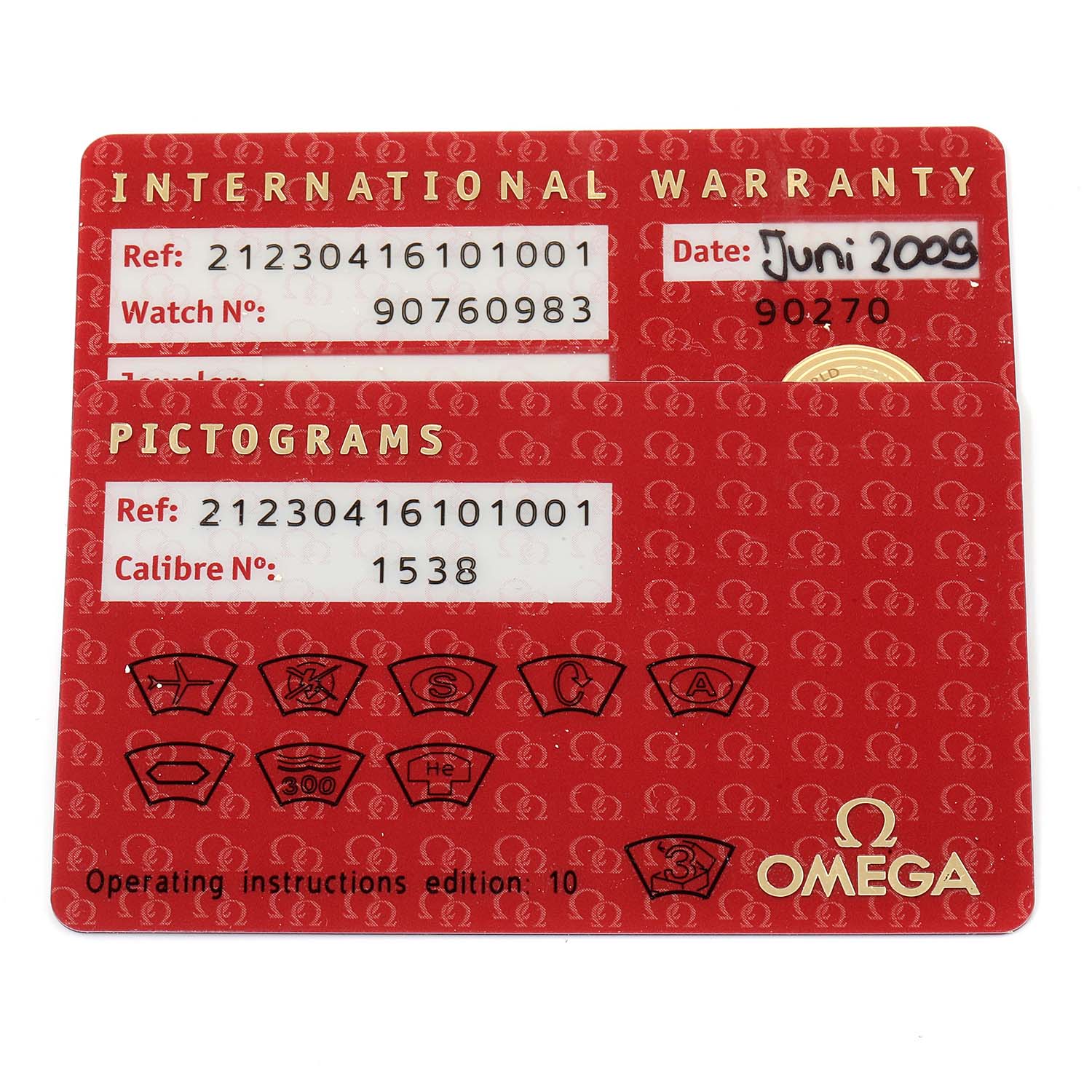 This image shows the international warranty and pictograms cards for the Omega Seamaster 212.30.41.61.01.001 Men
s Stainless Steel Black Dial 212.30.41.61.01.001 Men
s Stainless Steel Black Dial watch model.