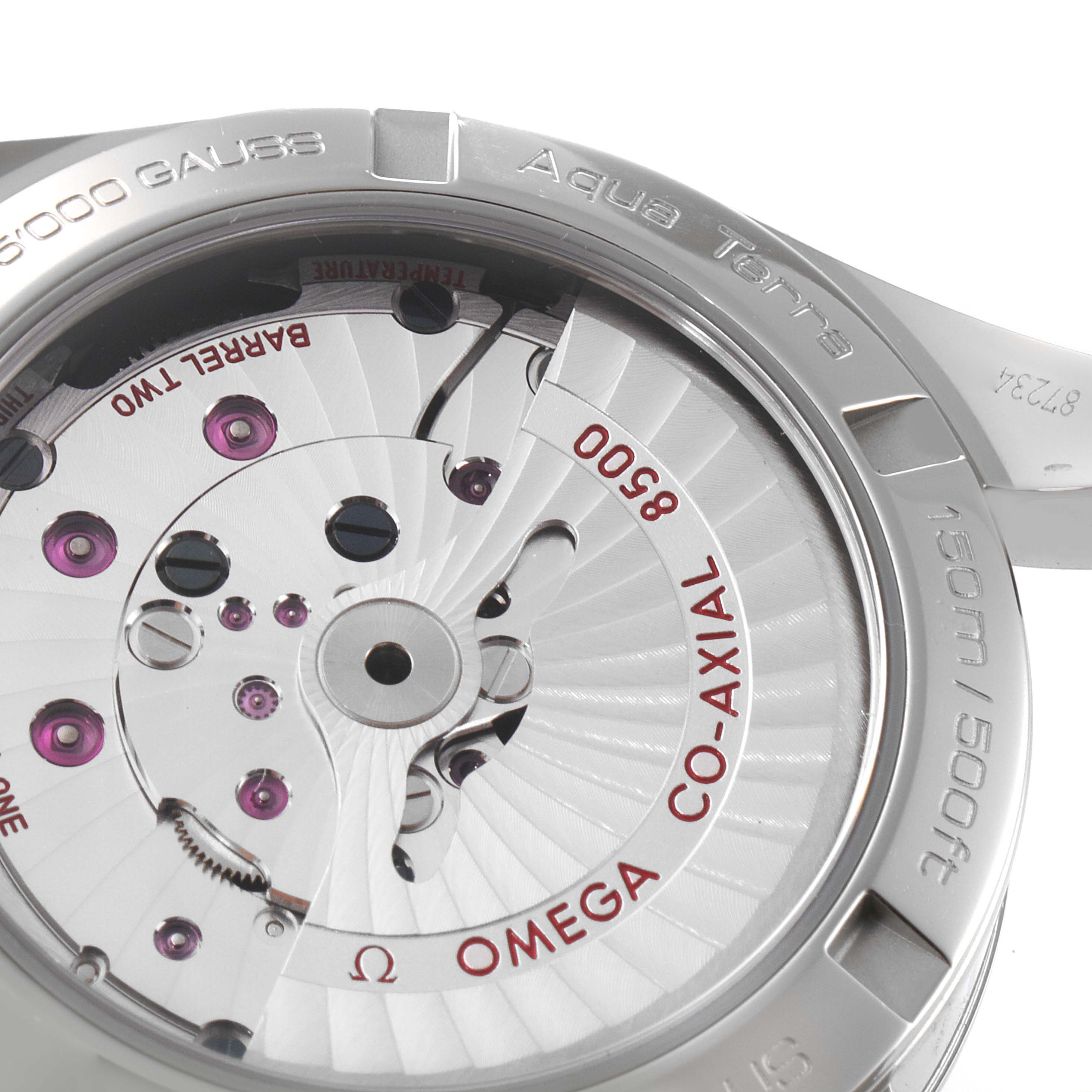 The image shows the back view of the Omega Aqua Terra 231.10.39.21.03.002 Men's Stainless Steel Blue Dial 231.10.39.21.03.002 Men's Stainless Steel Blue Dial watch, highlighting its movement and Co-Axial mechanism.