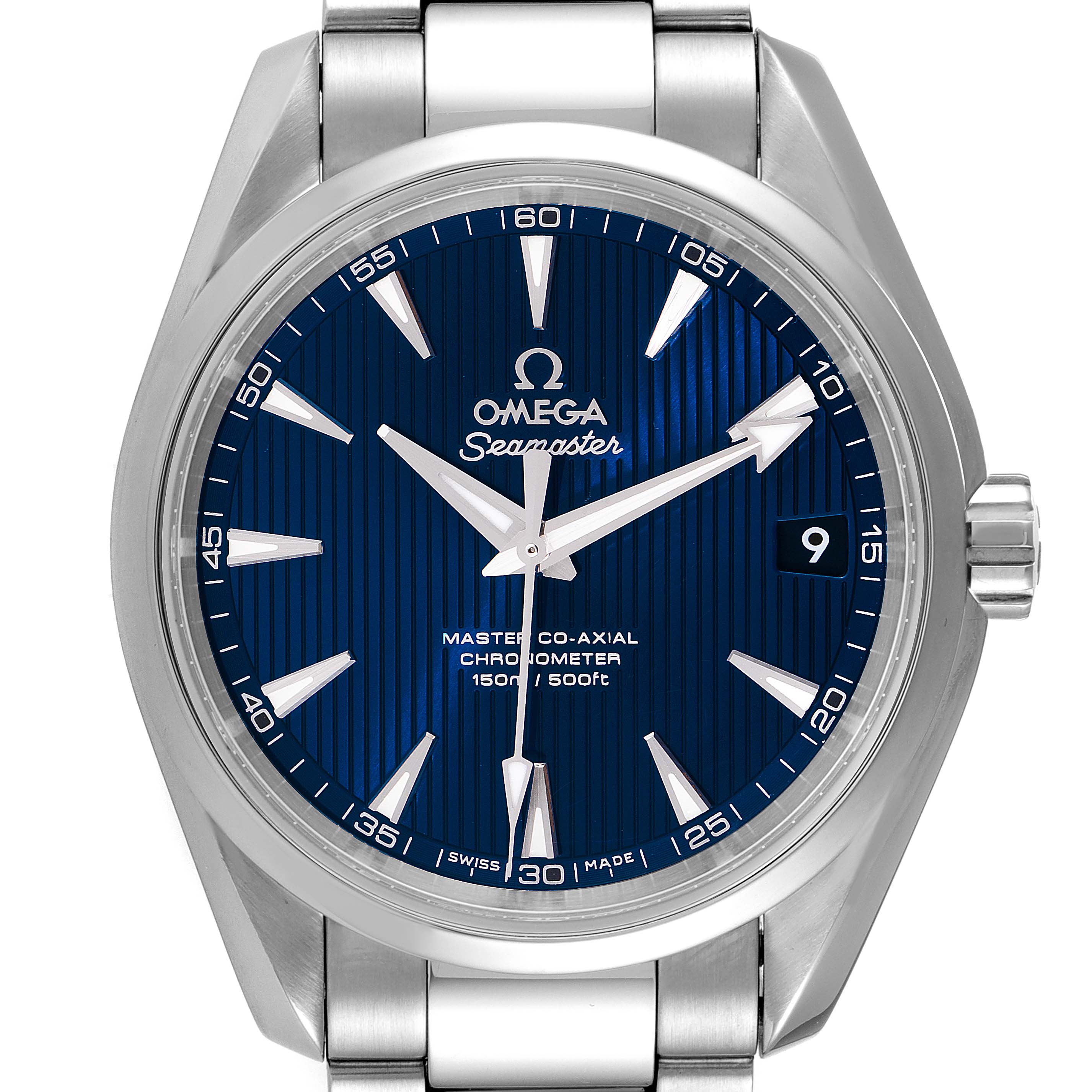 The image shows a front view of the Omega Aqua Terra 231.10.39.21.03.002 Men's Stainless Steel Blue Dial 231.10.39.21.03.002 Men's Stainless Steel Blue Dial watch, highlighting its blue dial, date window, and stainless steel bracelet.